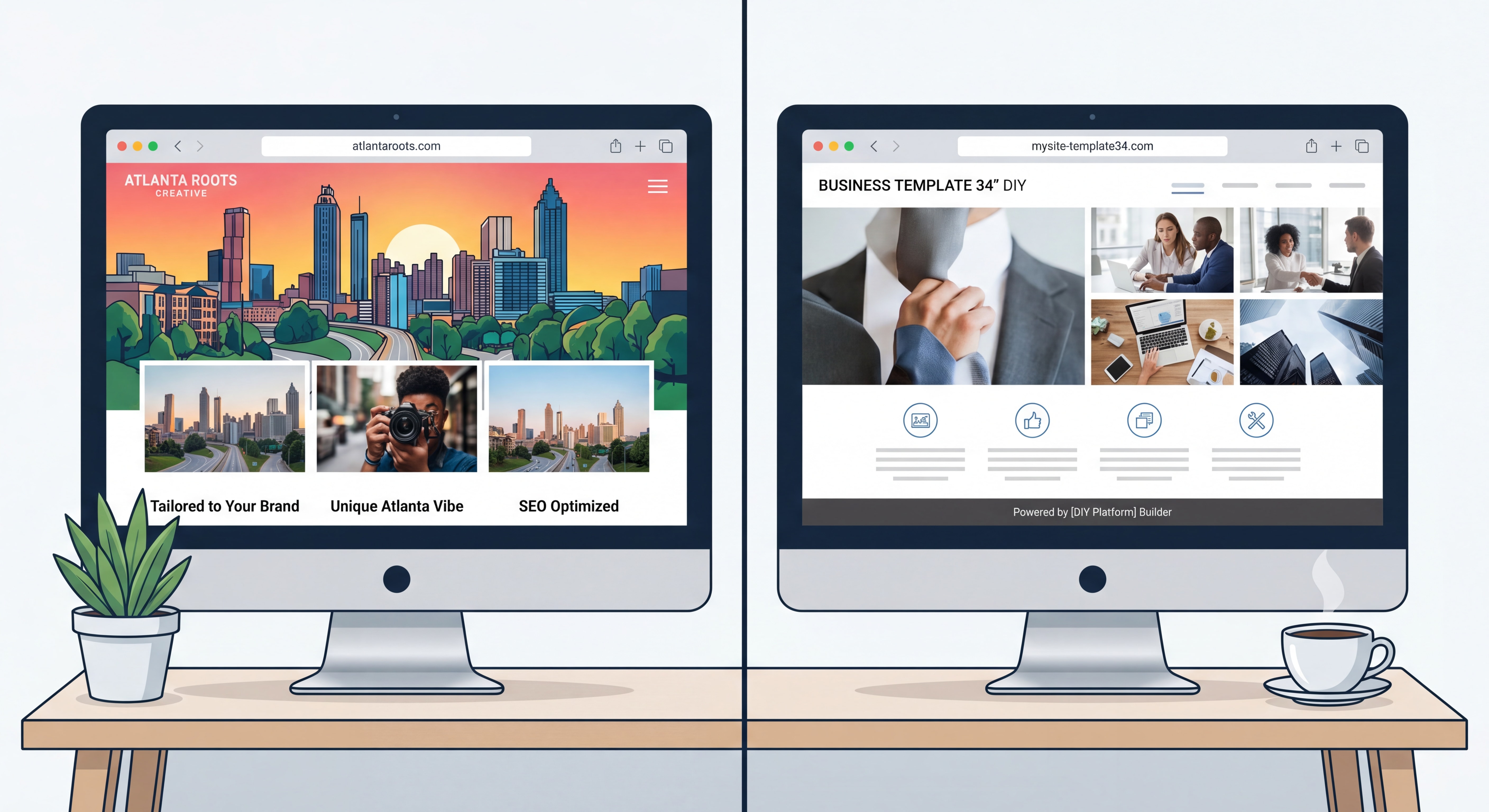 Side-by-side comparison of a custom-designed Atlanta business website versus a generic DIY template website on a desktop monitor