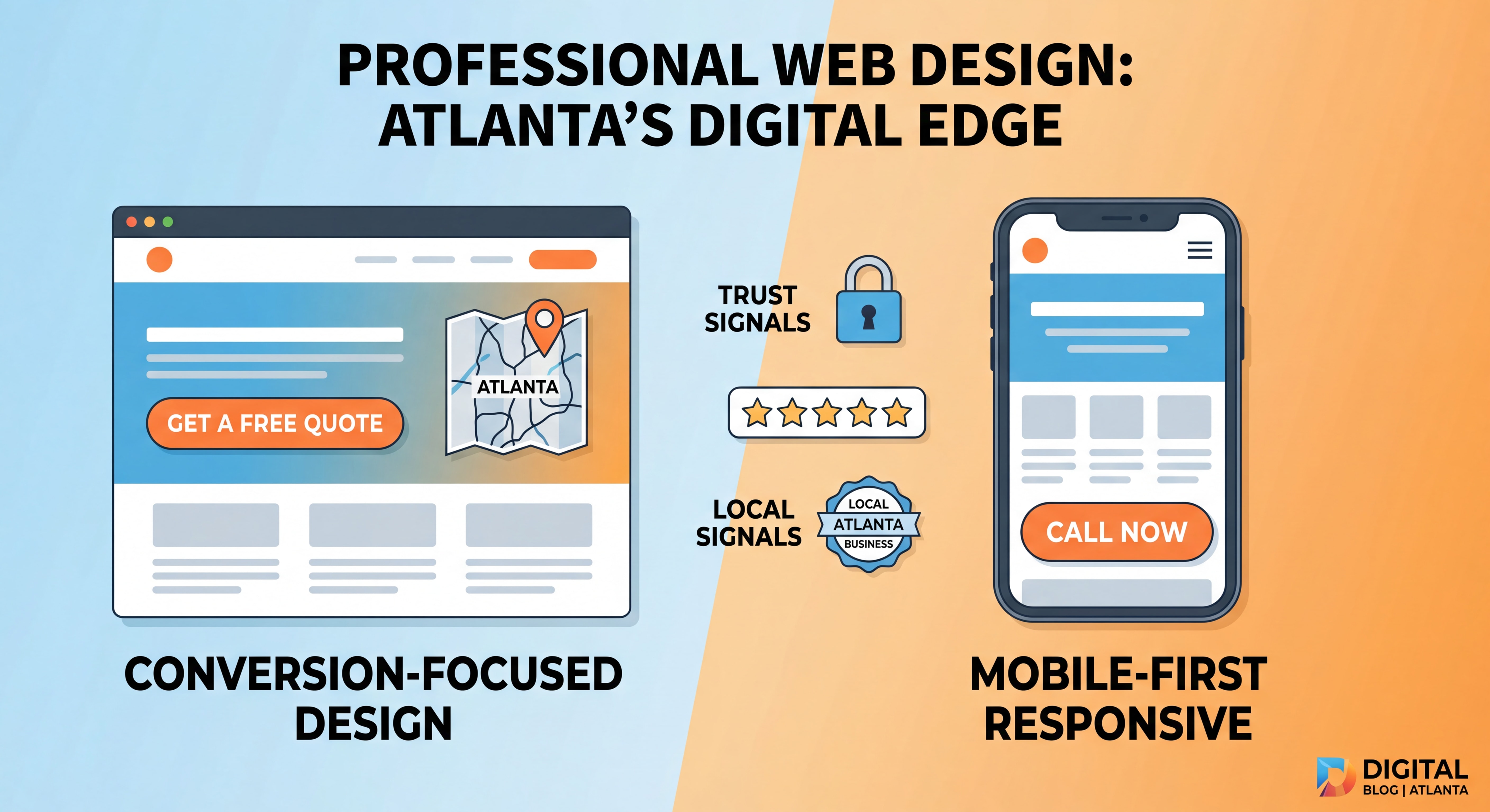 Web design Atlanta conversion-focused layout showing CTA placement, mobile-first responsive design, and trust signals for Atlanta small business website