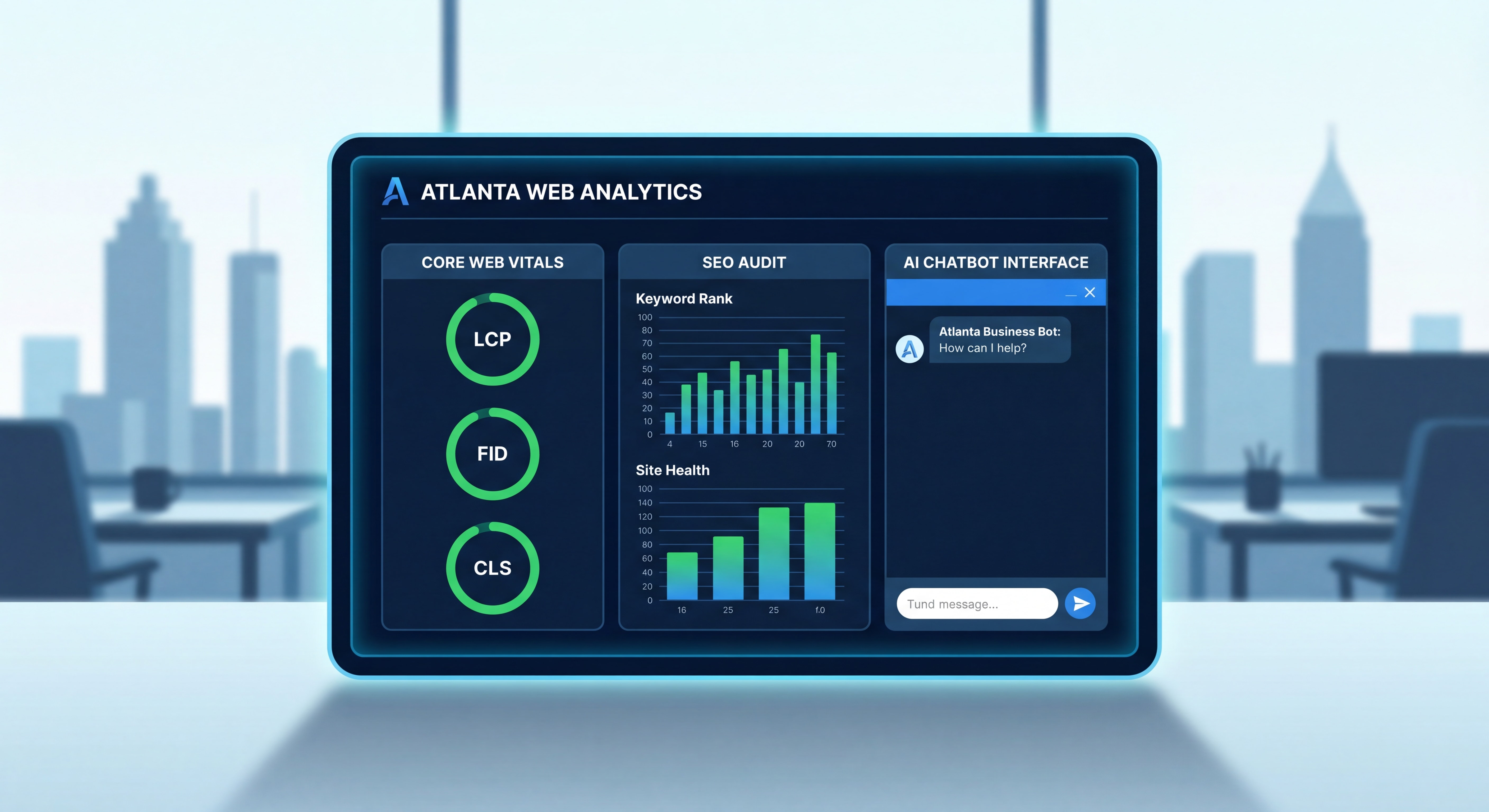 Advanced web design Atlanta dashboard showing Core Web Vitals, SEO audit metrics, and AI chatbot interface for Atlanta business websites