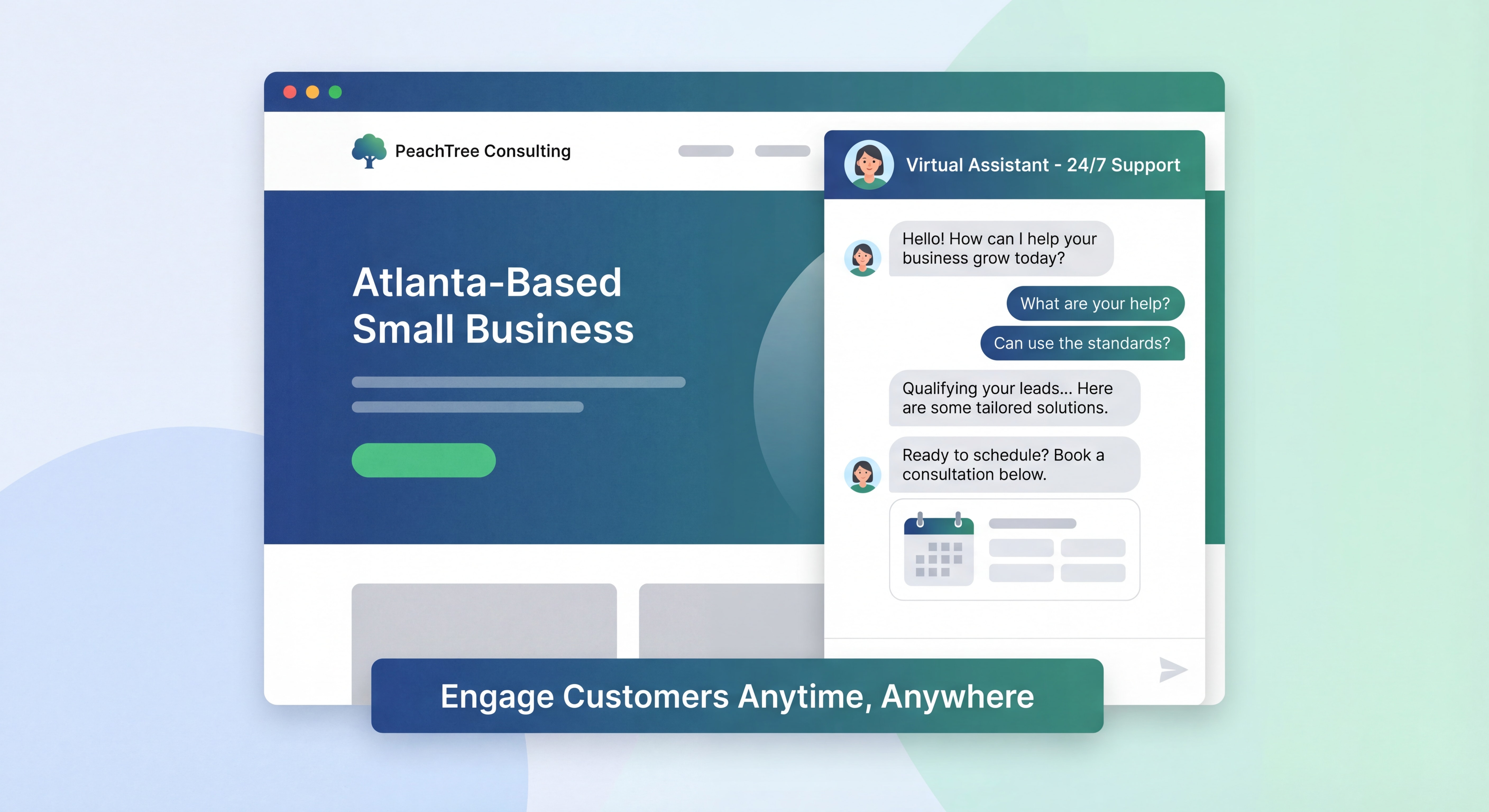 AI chatbot interface on Atlanta business website showing lead qualification conversation, appointment booking, and 24/7 customer engagement for small business