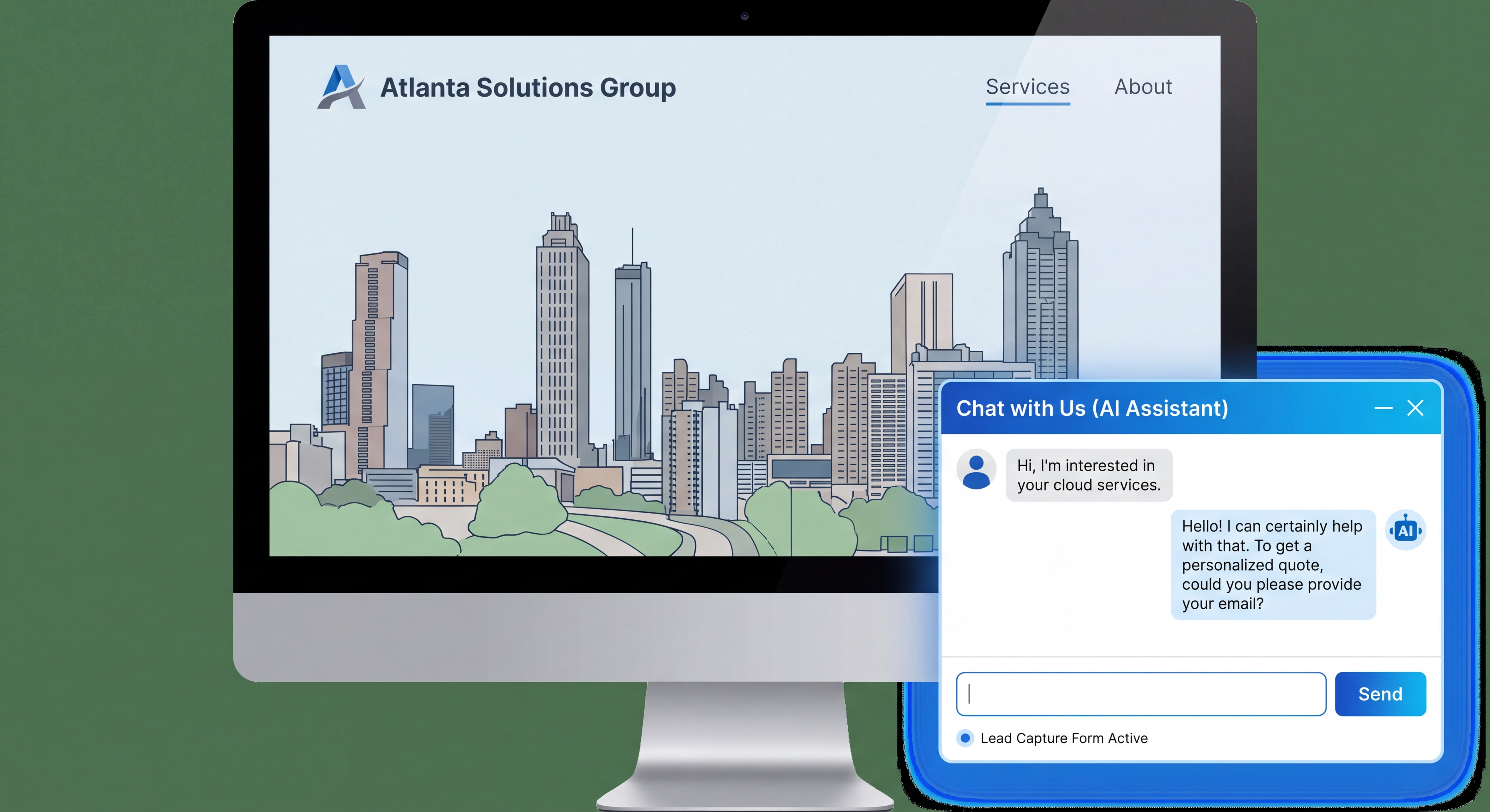 AI chatbot interface on an Atlanta business website showing real-time customer conversation and lead capture functionality