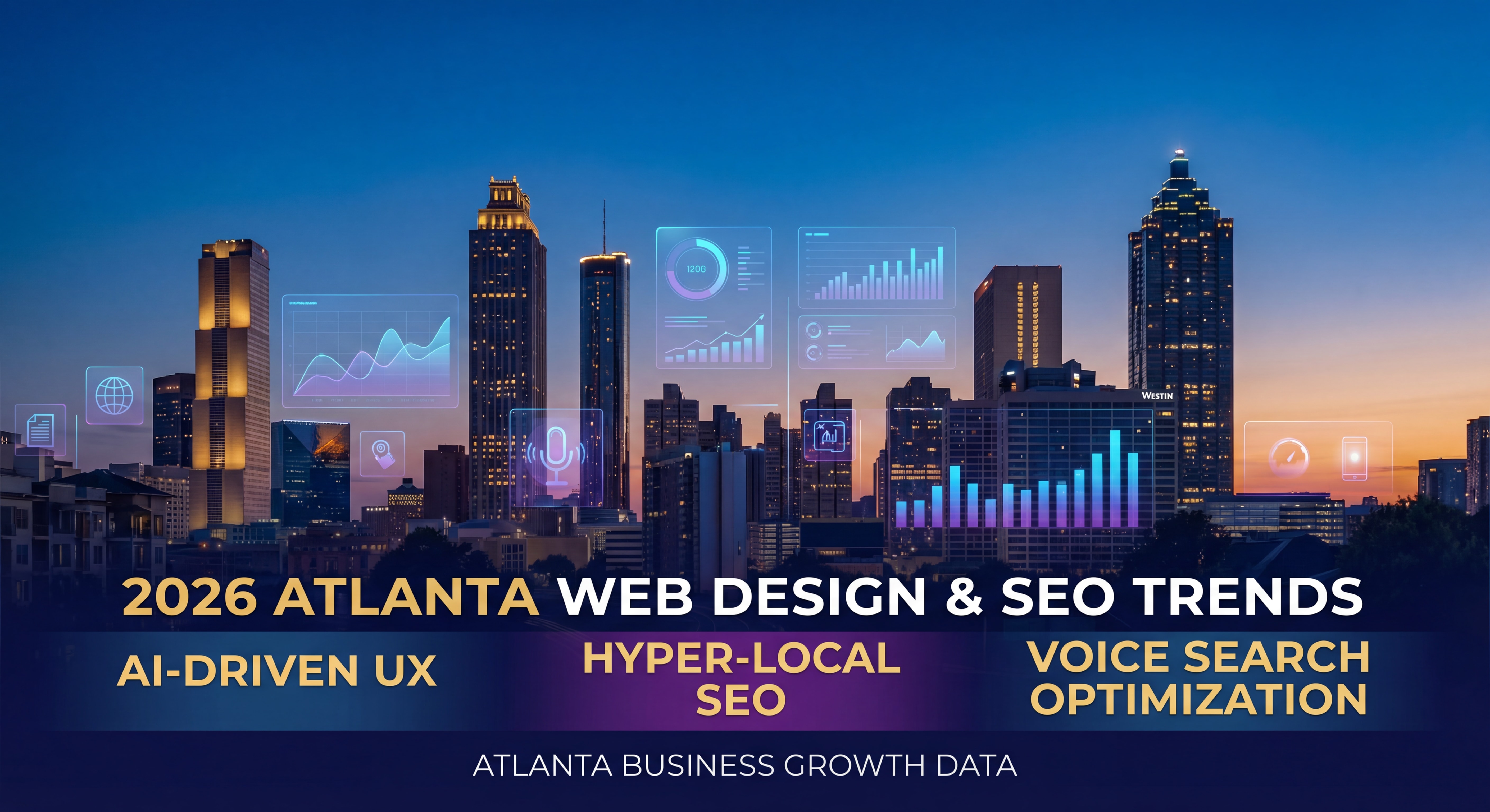 Atlanta skyline at dusk with digital marketing data overlays representing 2026 web design and SEO trends for Atlanta businesses