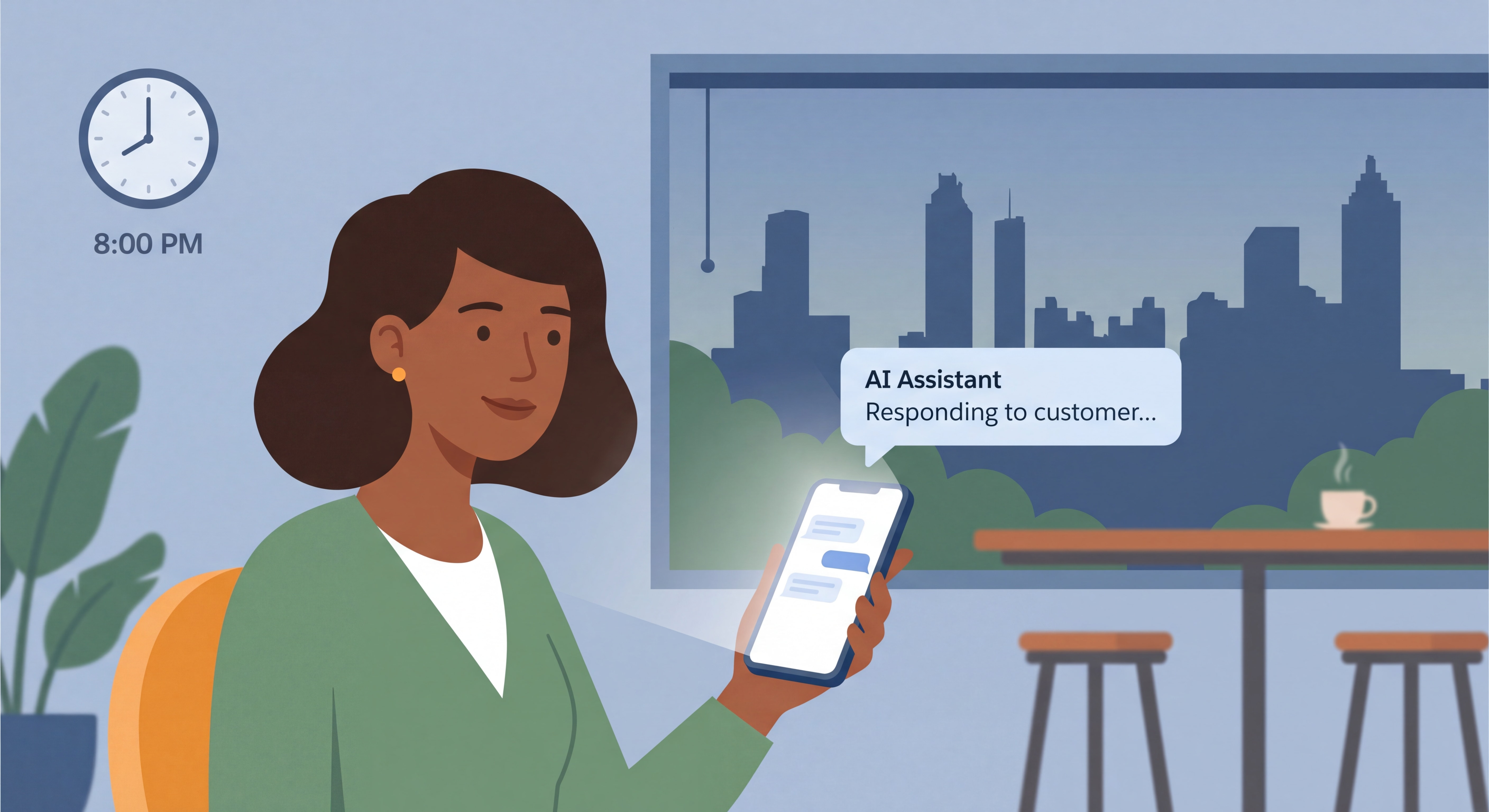 Atlanta small business owner using an AI chatbot interface on a smartphone to respond to customer inquiries after hours