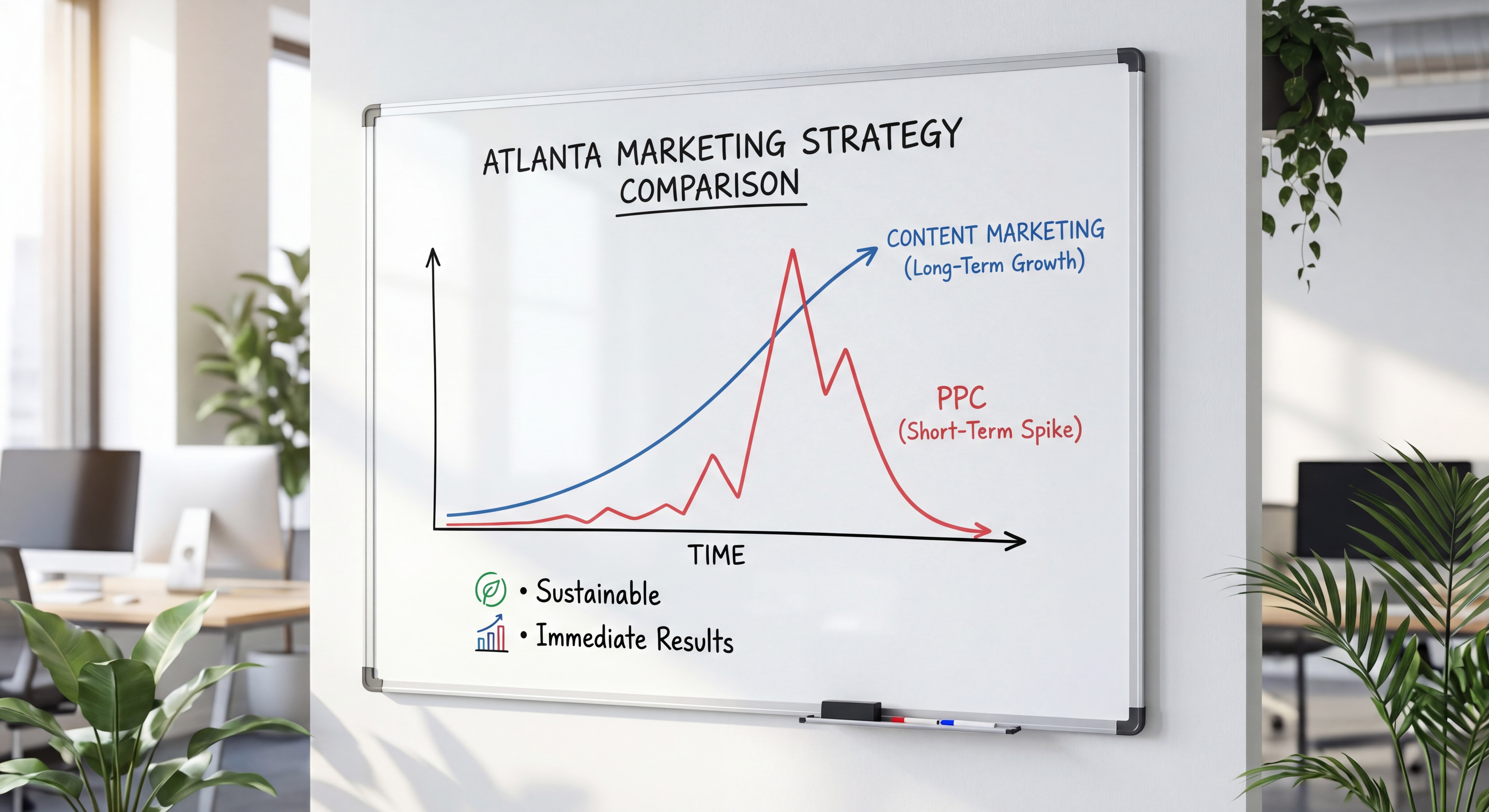Atlanta marketing strategy comparison chart showing content marketing long-term growth curve versus PPC short-term traffic spike on a whiteboard
