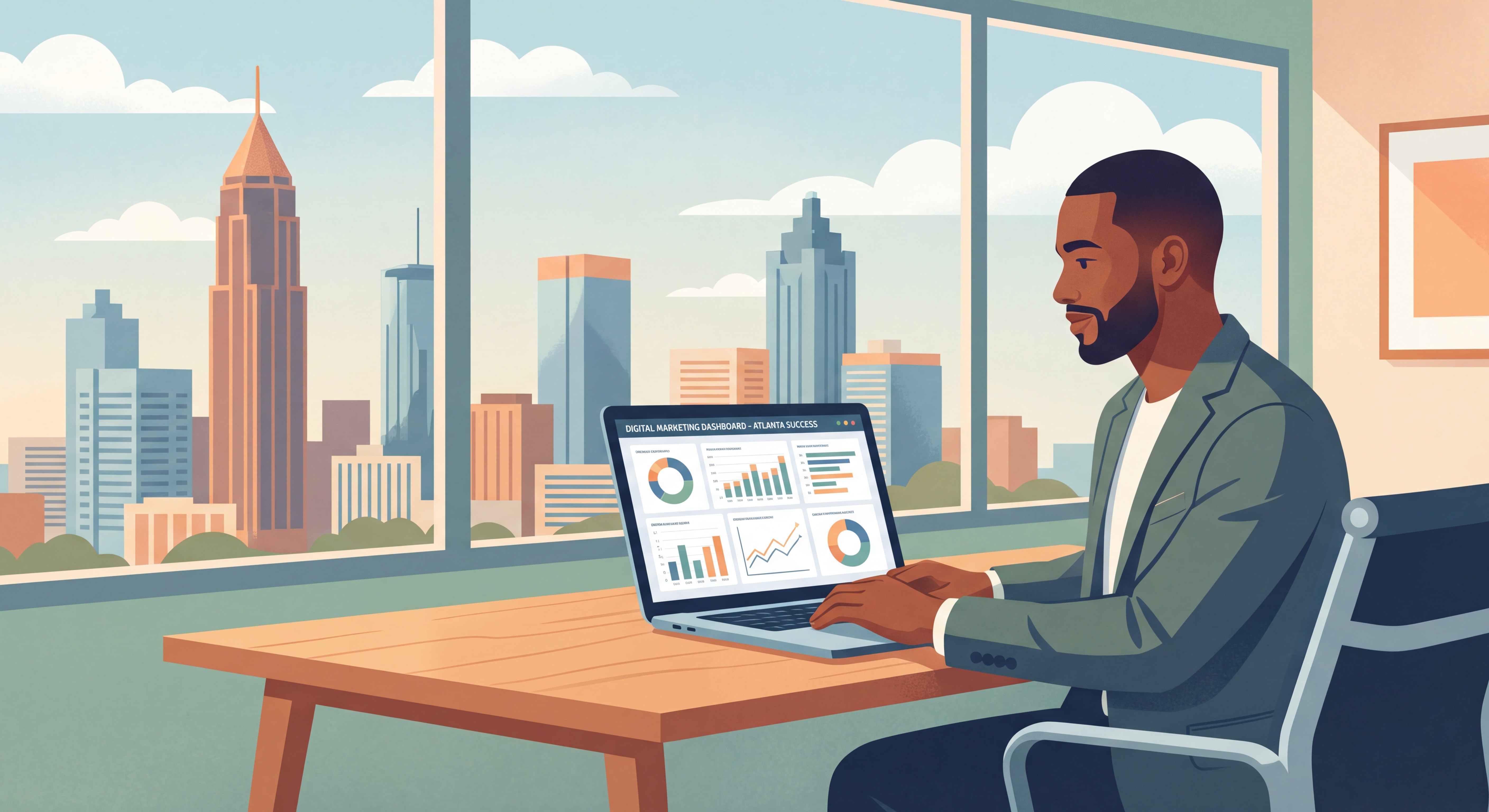 Atlanta business owner reviewing digital marketing results on a laptop with city skyline in background — web design Atlanta success story