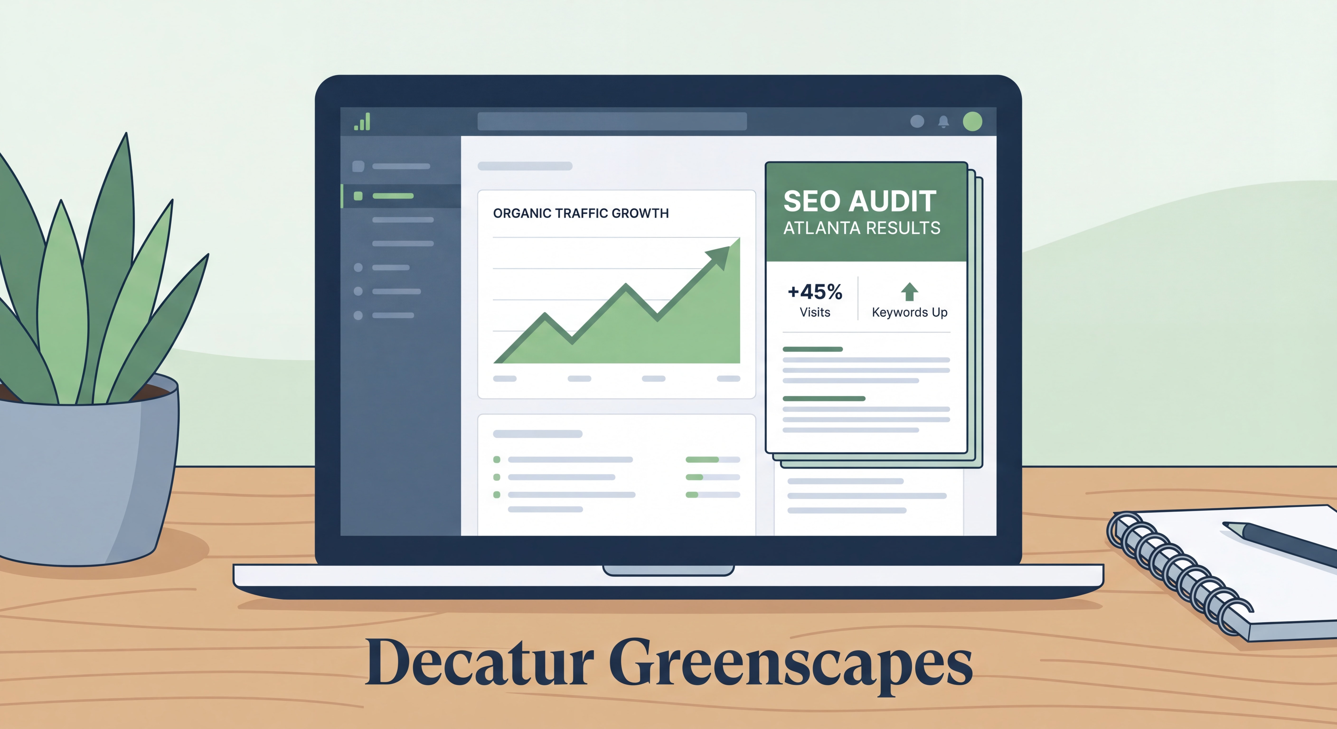 Decatur landscape business website showing organic traffic growth analytics dashboard — SEO audit Atlanta results