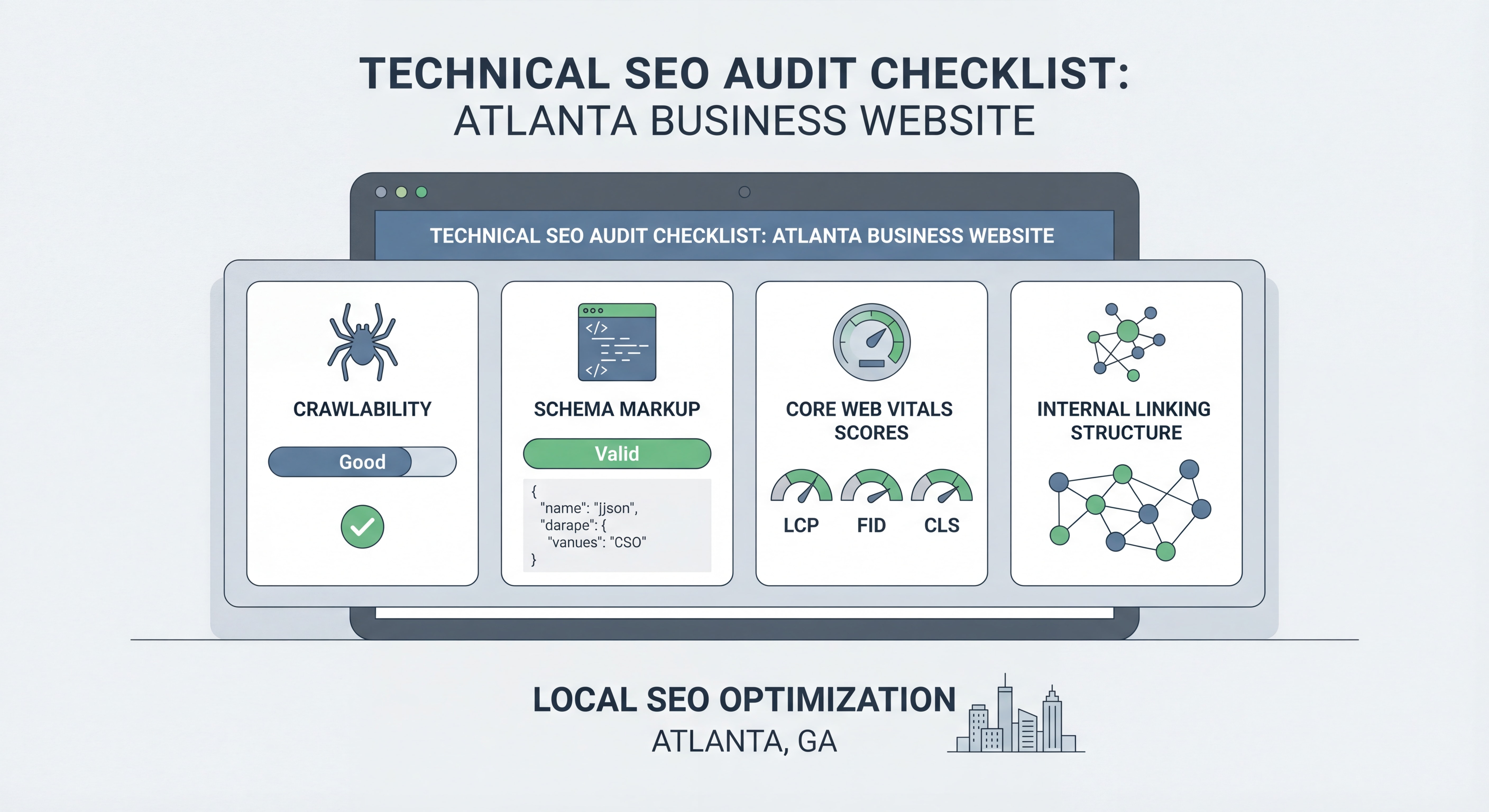SEO audit Atlanta technical checklist showing crawlability, schema markup, Core Web Vitals scores, and internal linking structure for Atlanta business website