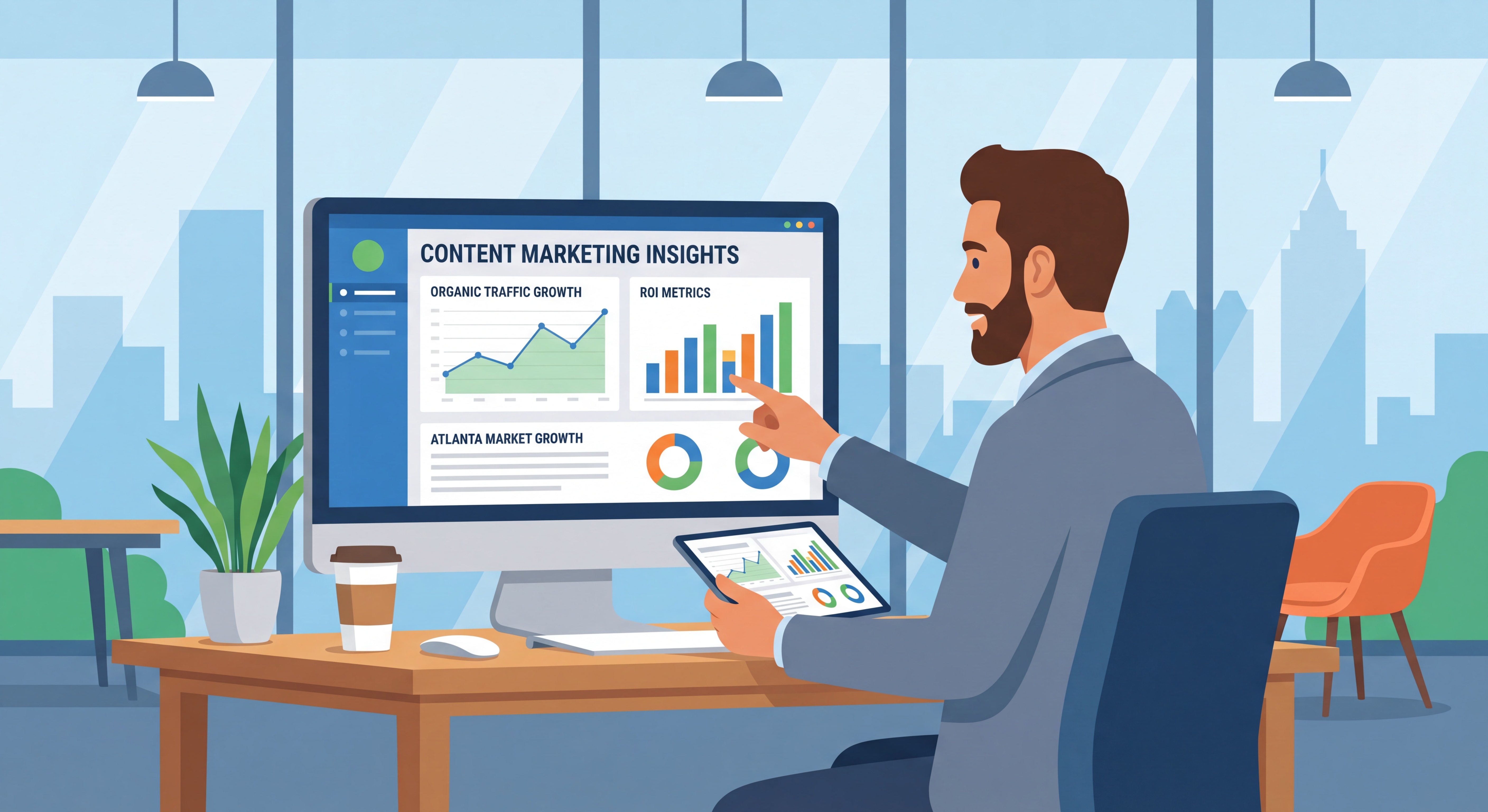 Atlanta business owner reviewing content marketing analytics dashboard showing ROI metrics and organic traffic growth