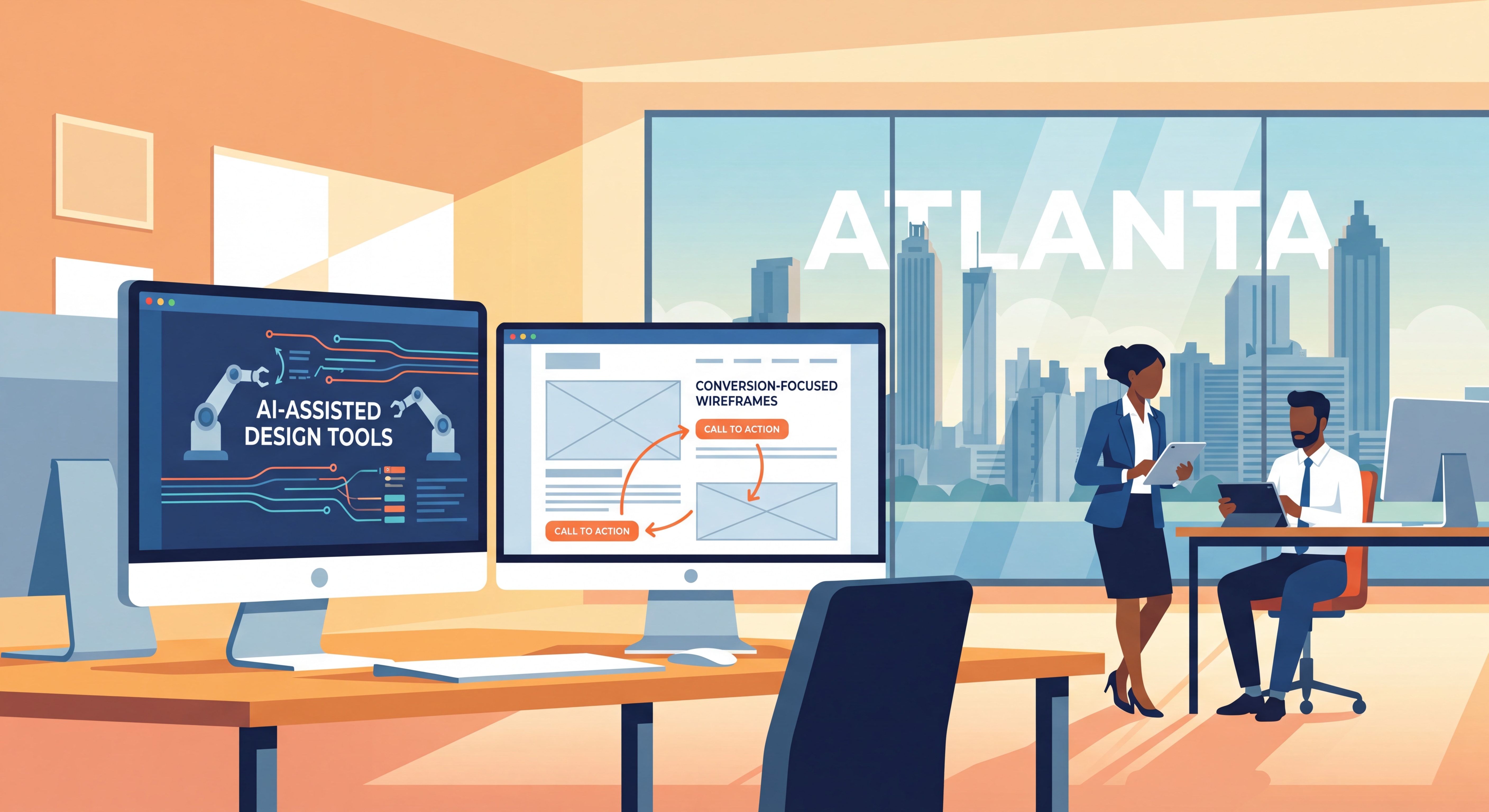 Modern Atlanta web design agency workspace showing AI-assisted design tools and conversion-focused website wireframes