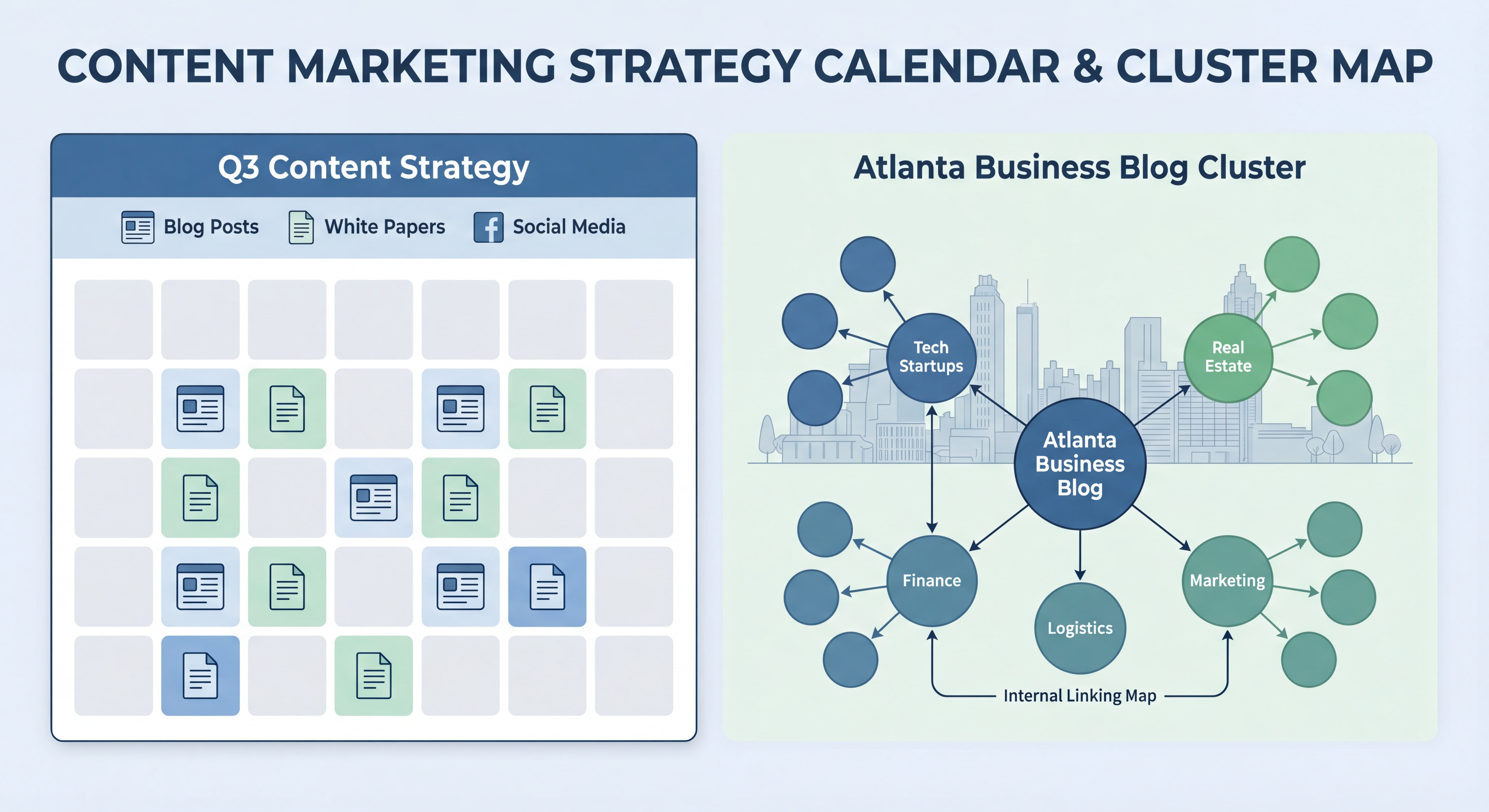 Content marketing strategy calendar showing Atlanta business blog cluster structure with internal linking map