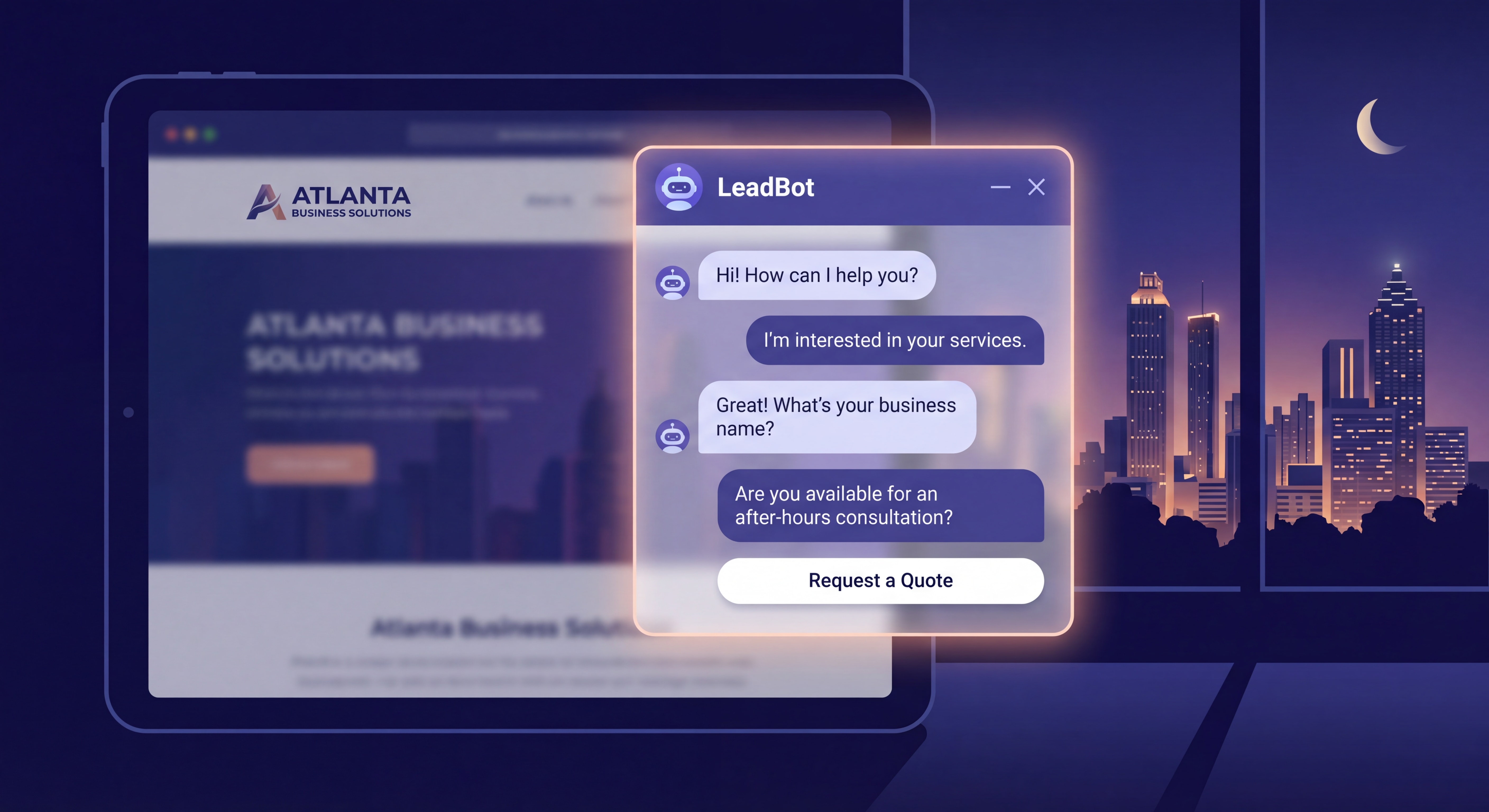 AI chatbot interface on an Atlanta business website showing lead capture conversation flow at night hours