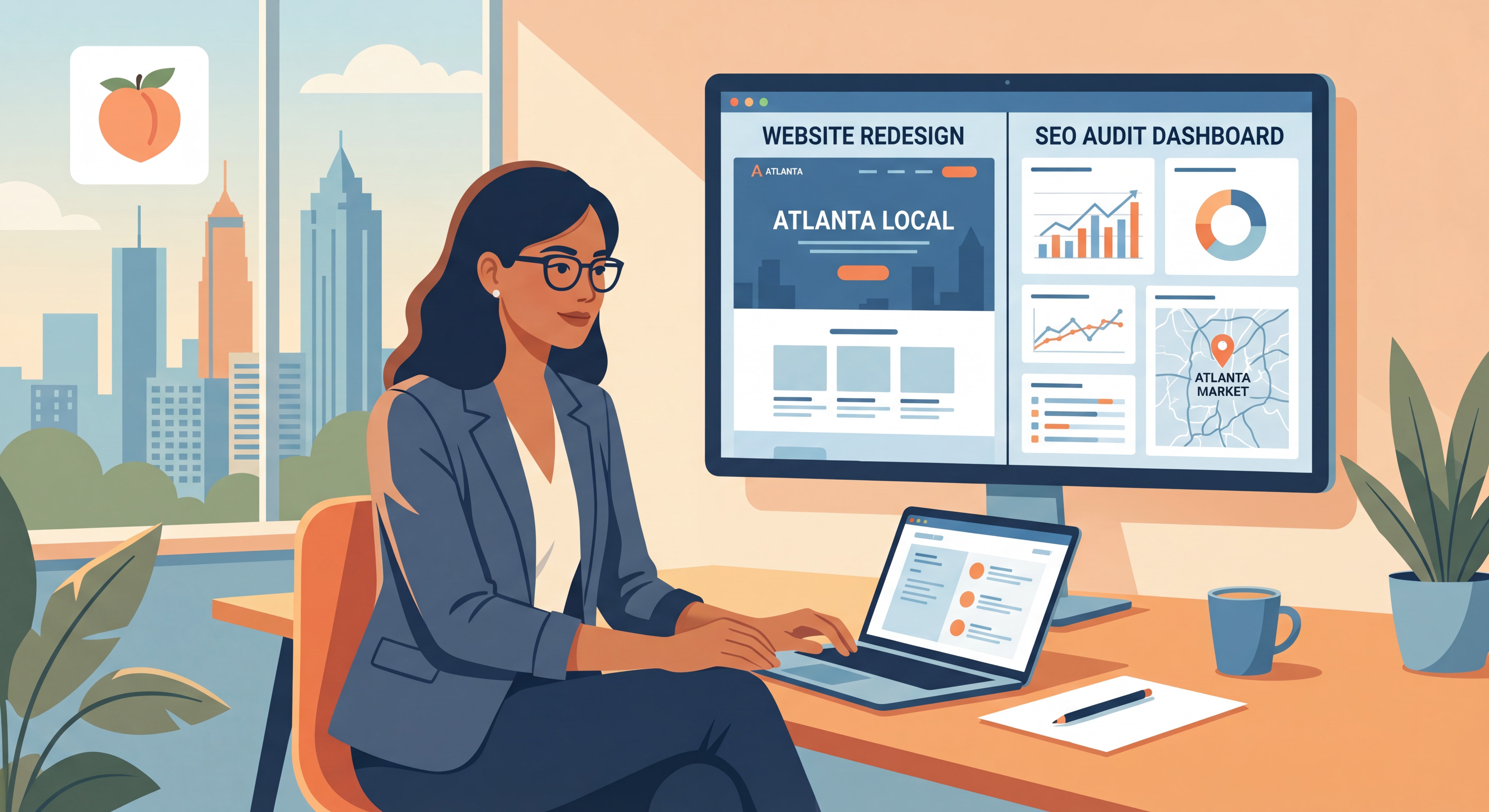 Atlanta business owner reviewing website design and SEO audit dashboard on laptop — web design Atlanta