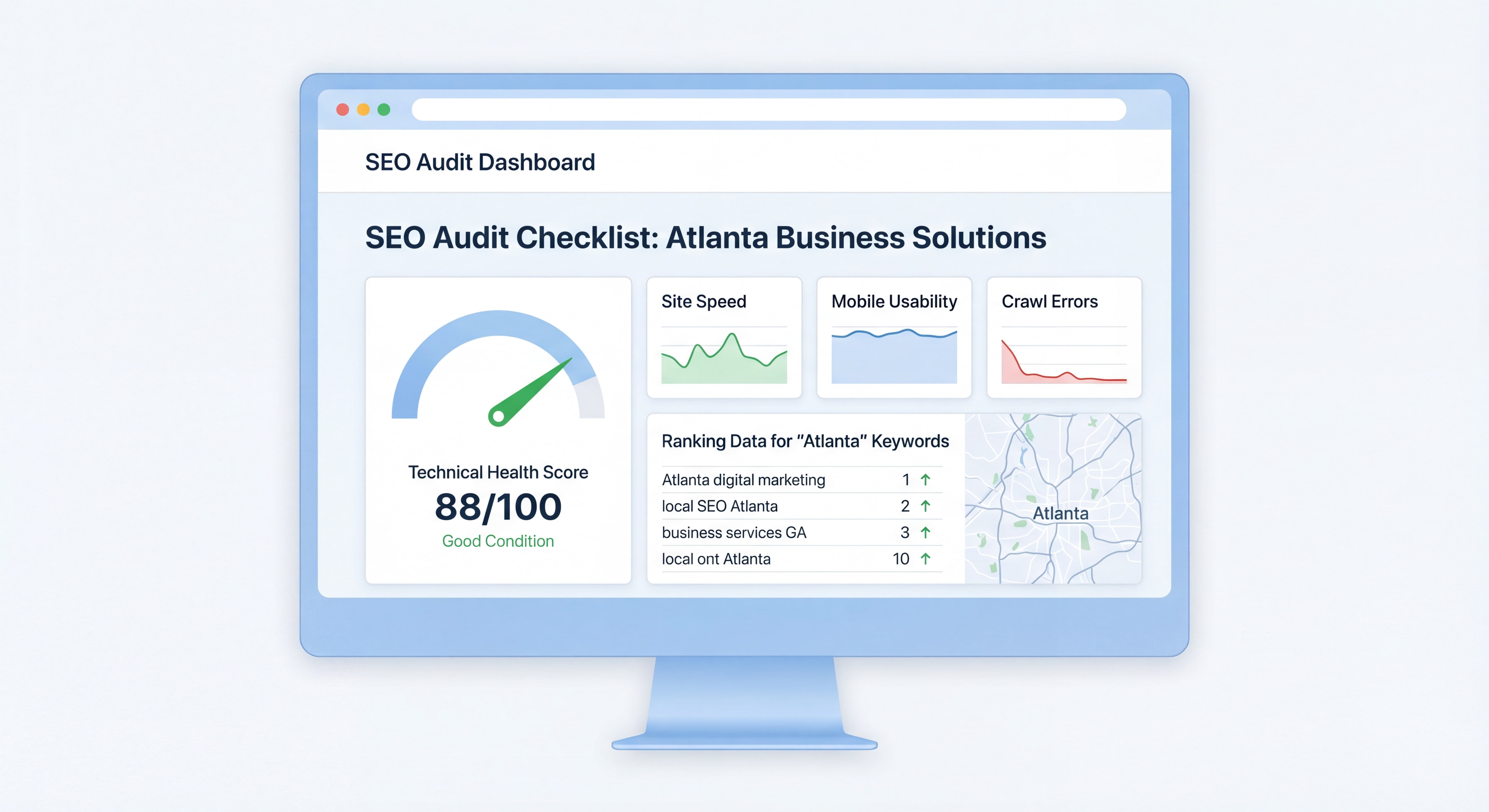 SEO audit checklist dashboard showing technical health scores and ranking data for an Atlanta business website