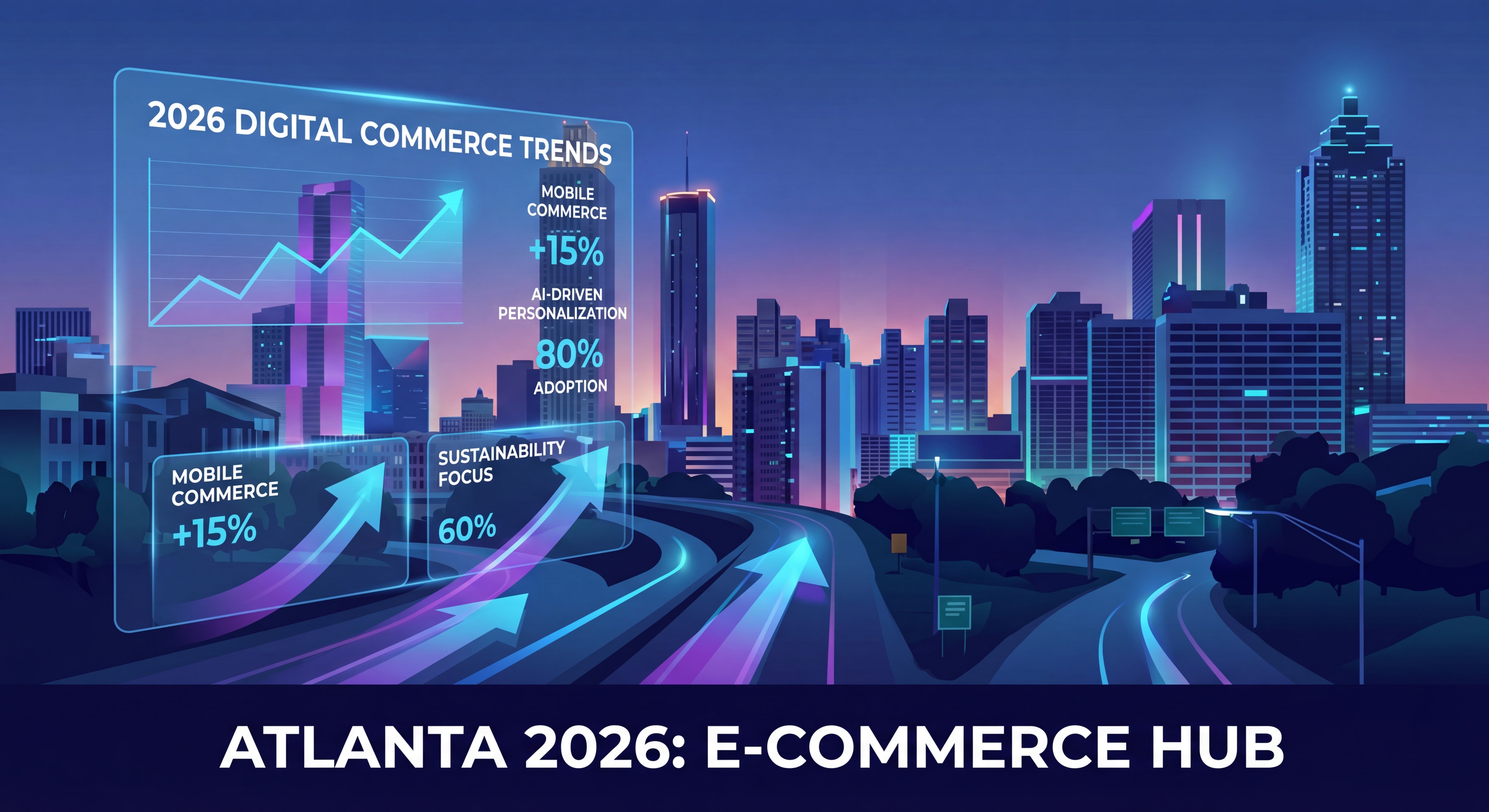 Atlanta Georgia skyline with ecommerce growth statistics overlay showing 2026 digital commerce trends