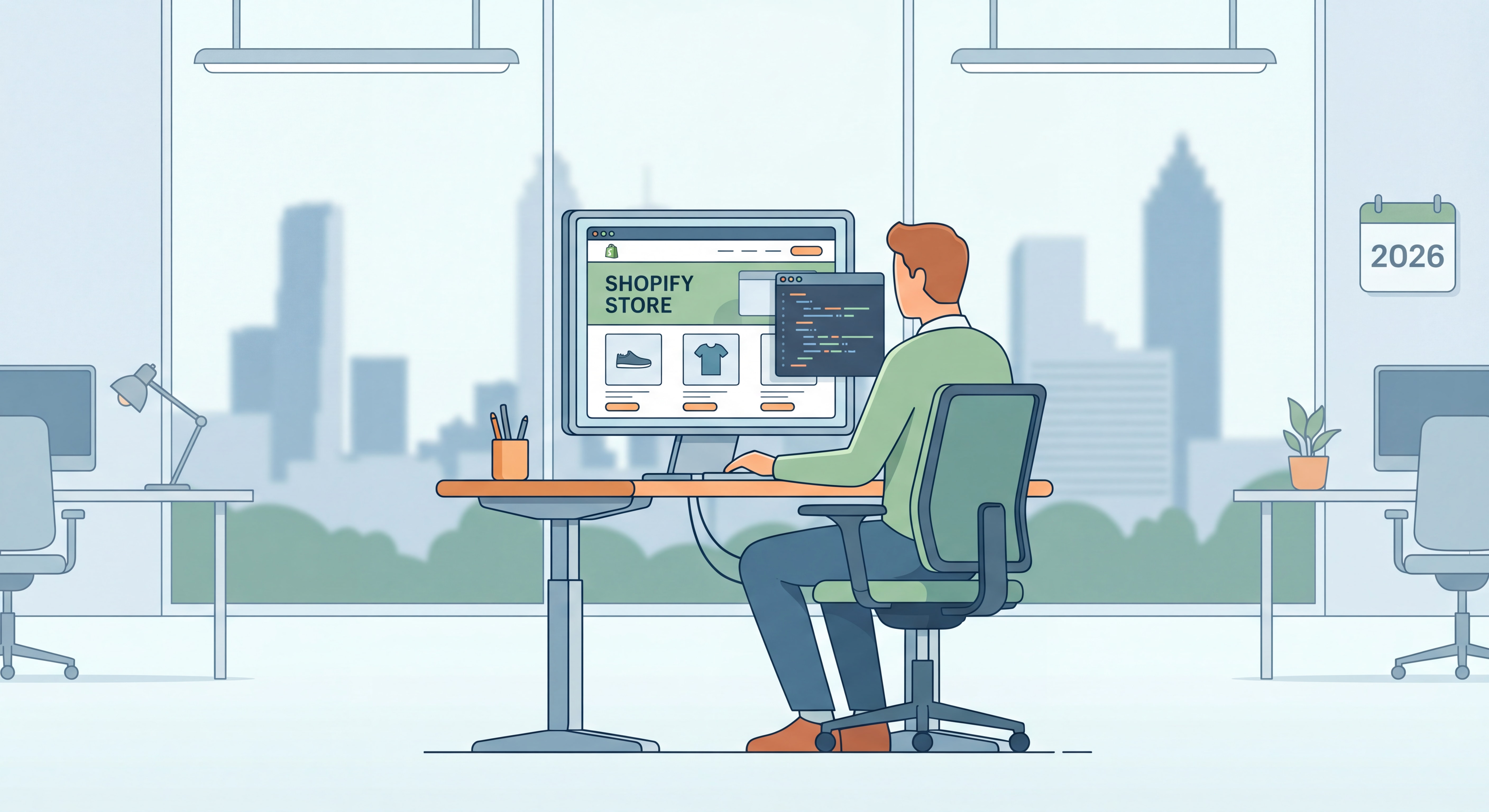 Shopify developer Atlanta working on ecommerce web design in modern office, 2026