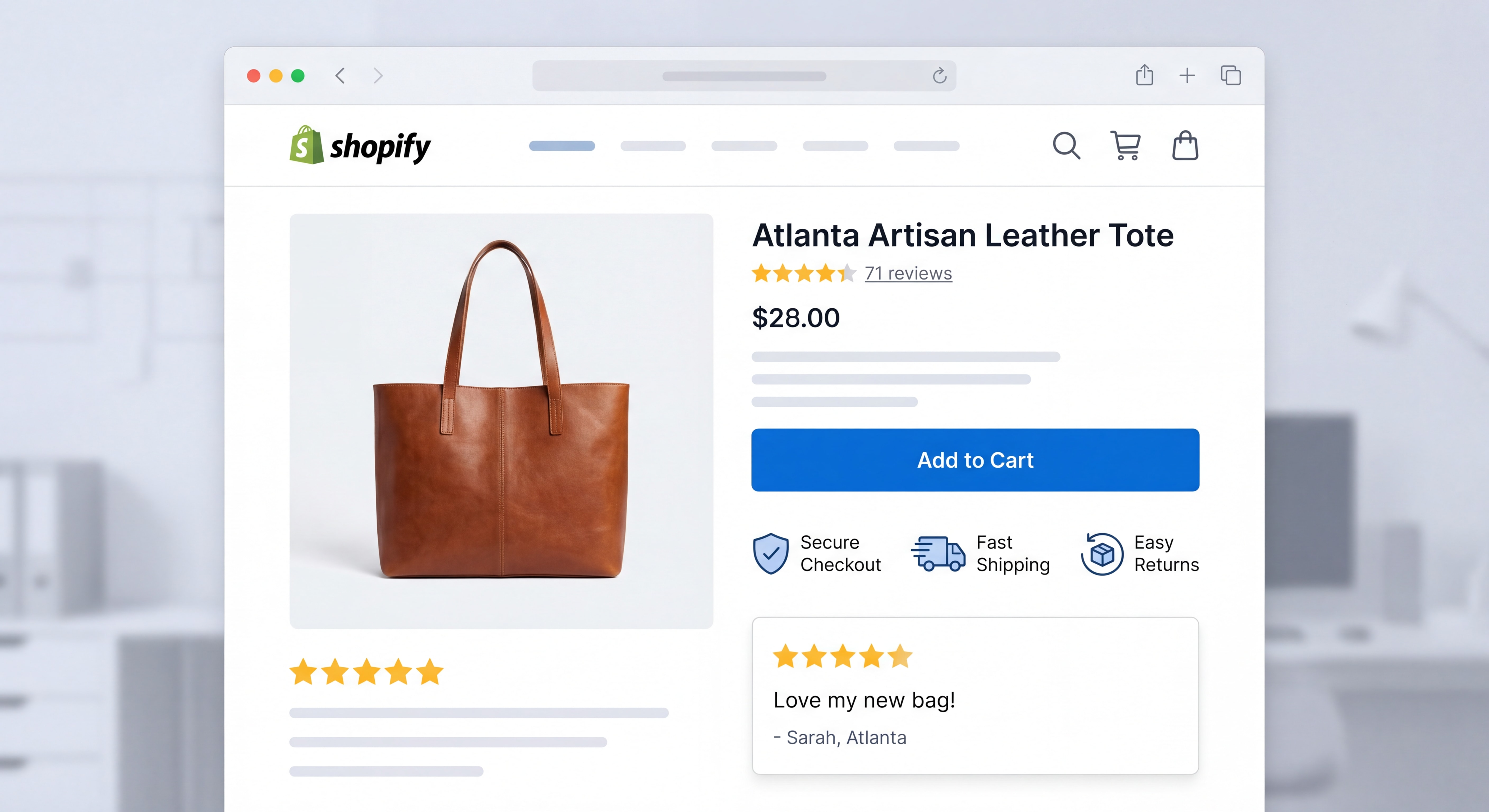 Shopify product page design with trust badges reviews and clear CTA on ecommerce website Atlanta