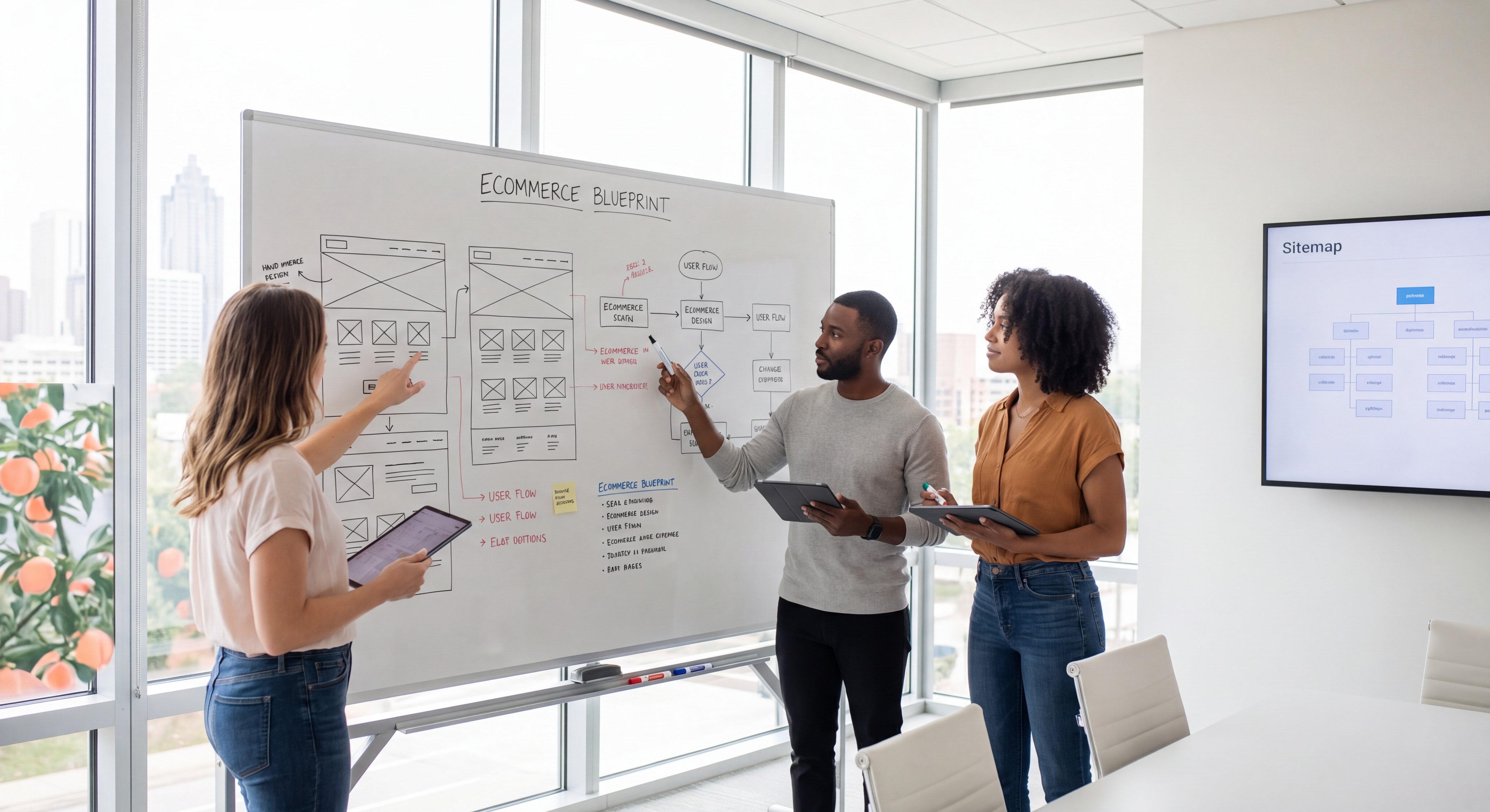 Ecommerce web design wireframe and digital blueprint planning session on whiteboard Atlanta agency