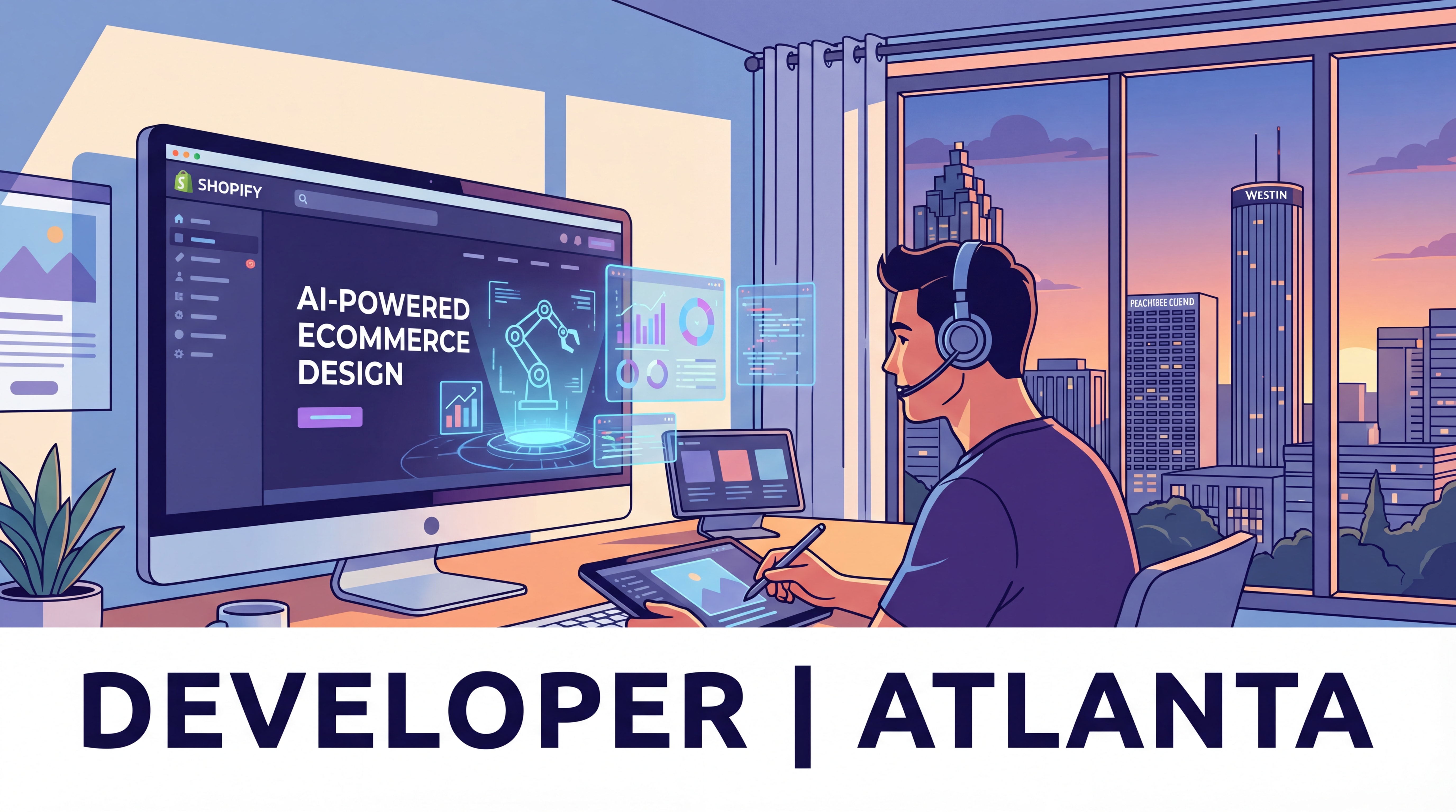 Shopify developer Atlanta working on futuristic ecommerce web design with AI-powered tools and Atlanta skyline in background