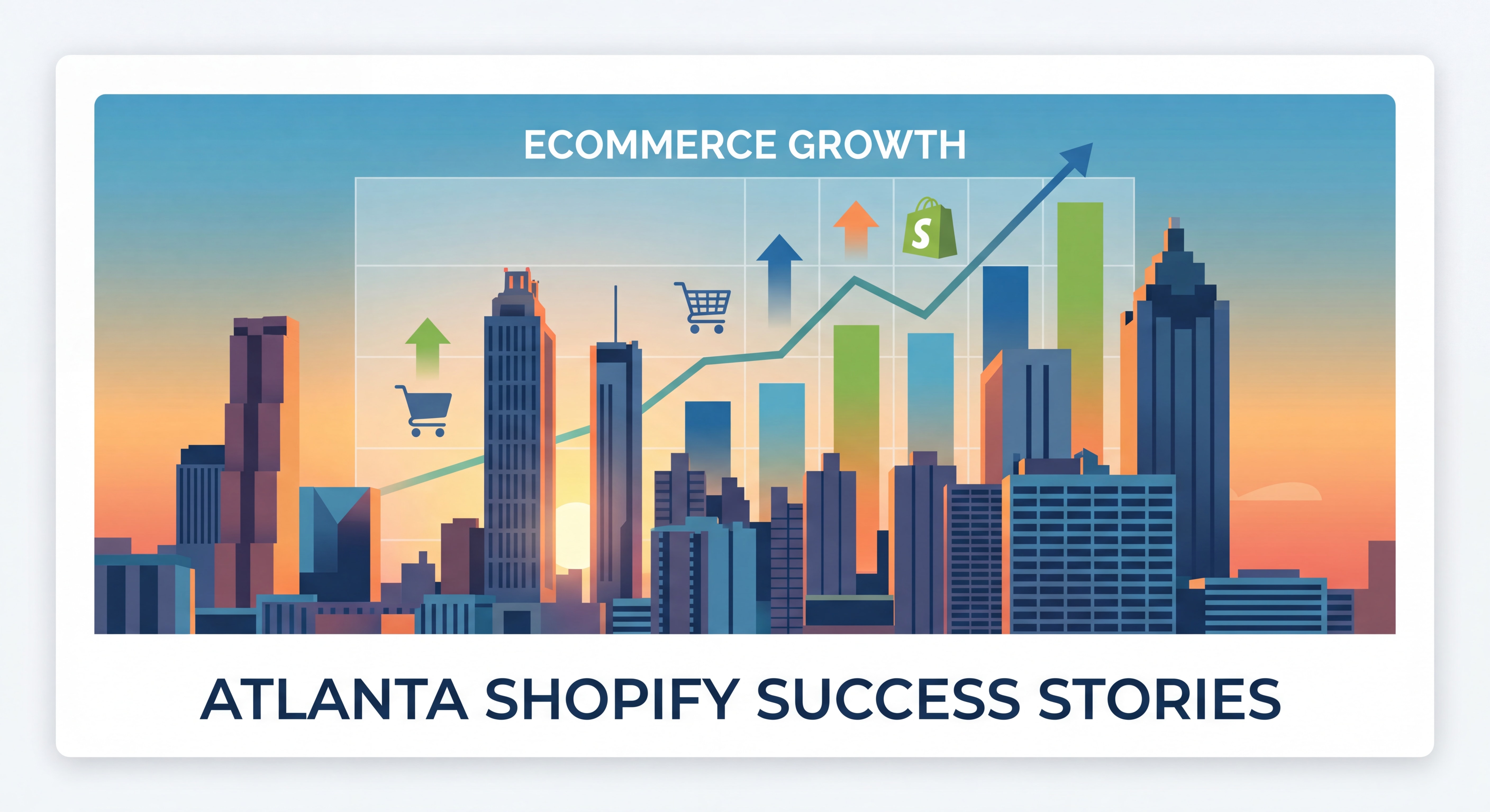 Atlanta skyline with ecommerce growth chart overlay, representing Shopify developer Atlanta success stories