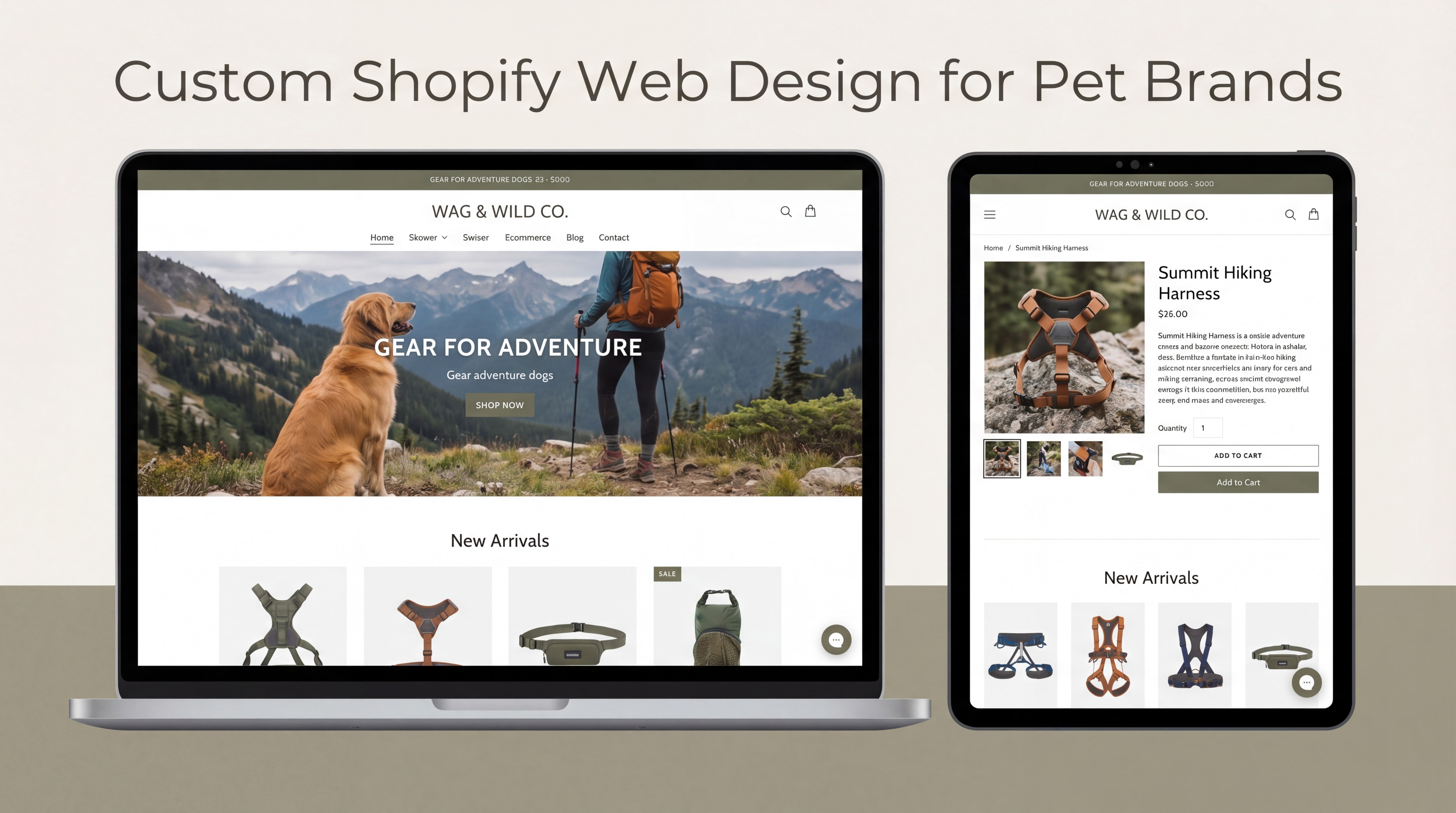Custom Shopify ecommerce web design for pet products brand showing branded adventure lifestyle imagery and clean product pages