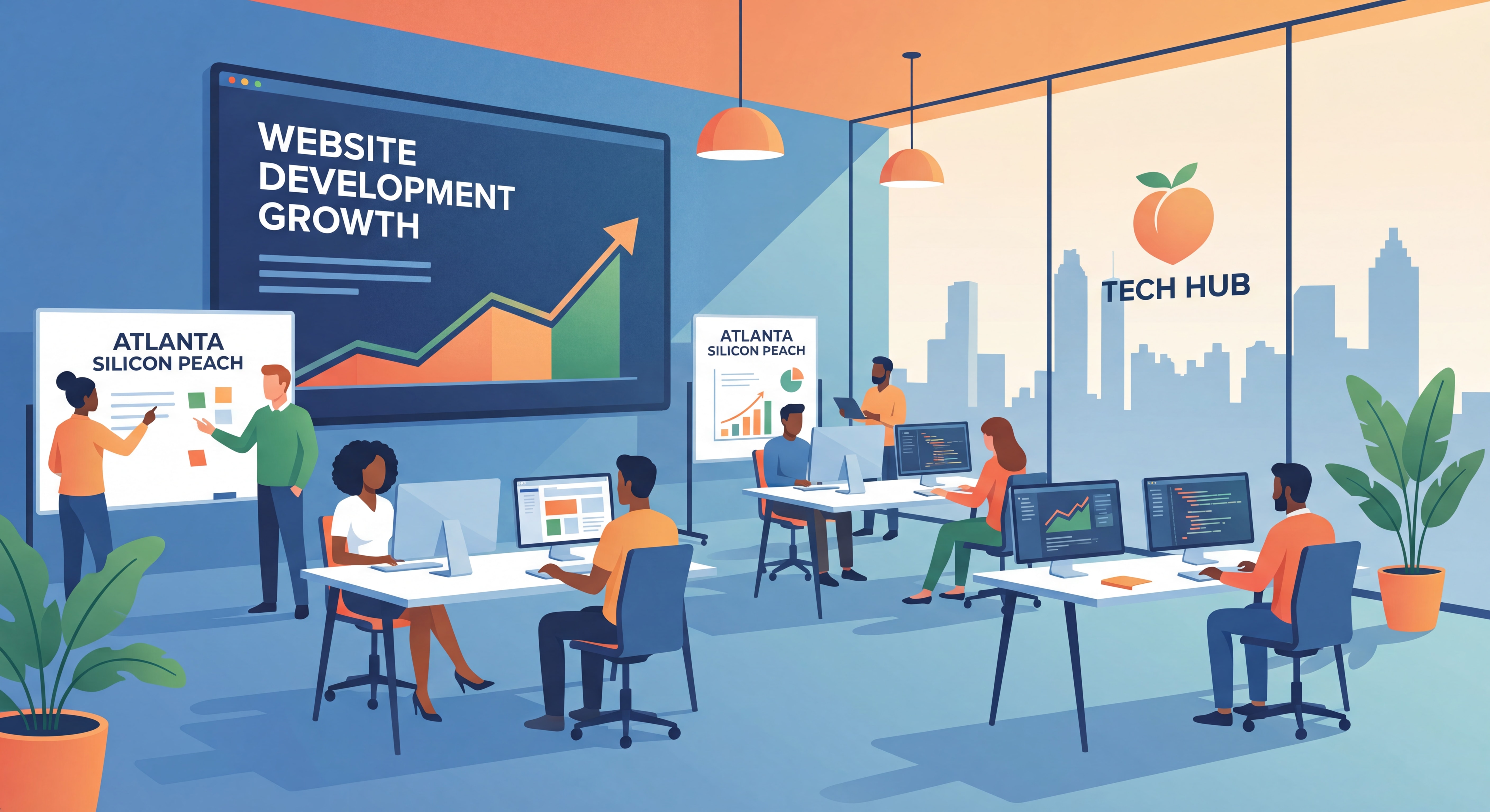 Atlanta Silicon Peach tech hub with ecommerce developers collaborating in modern workspace, representing website development Atlanta growth