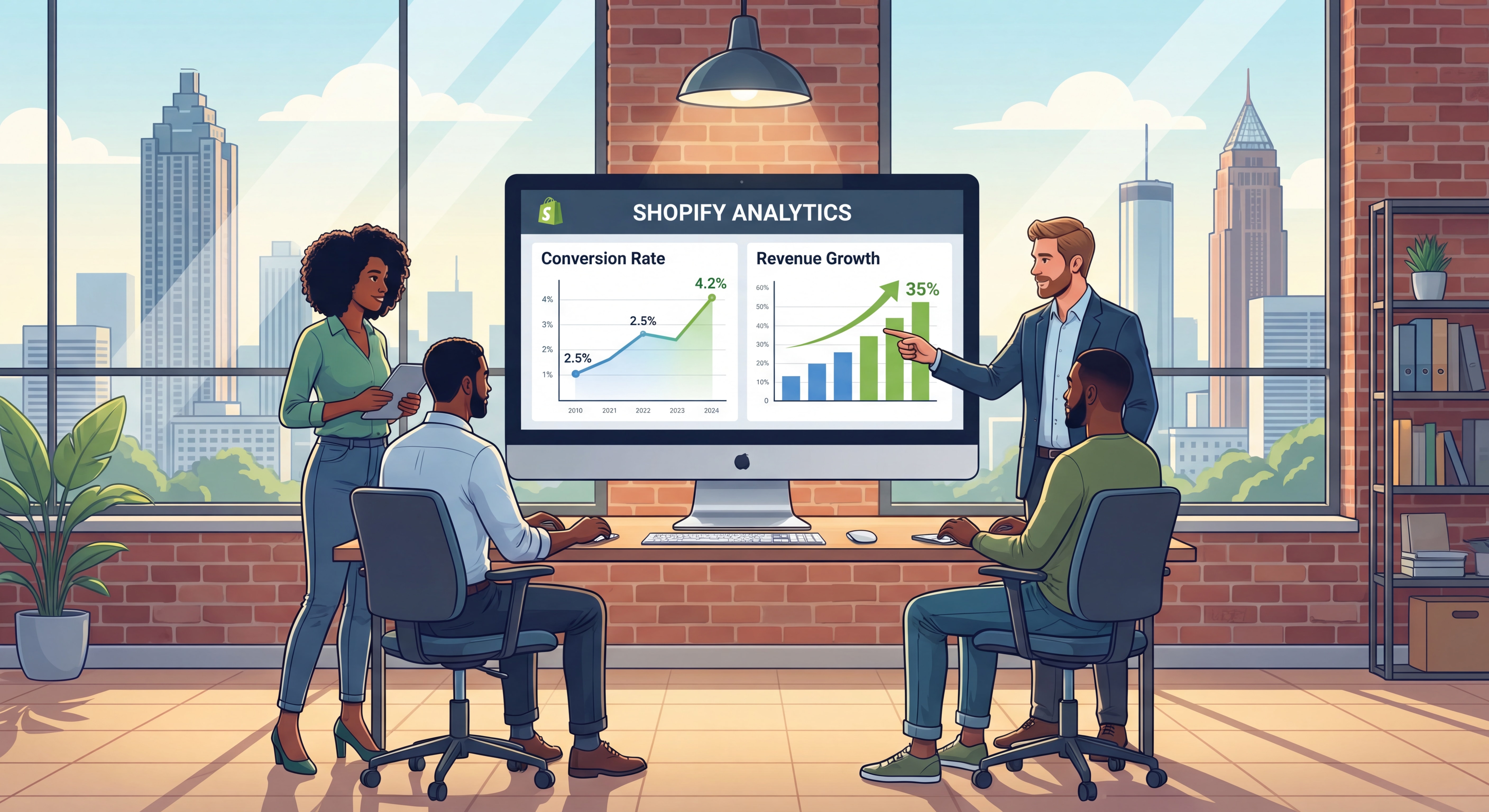 Atlanta ecommerce developer team reviewing Shopify analytics dashboard with conversion rate data and revenue growth charts