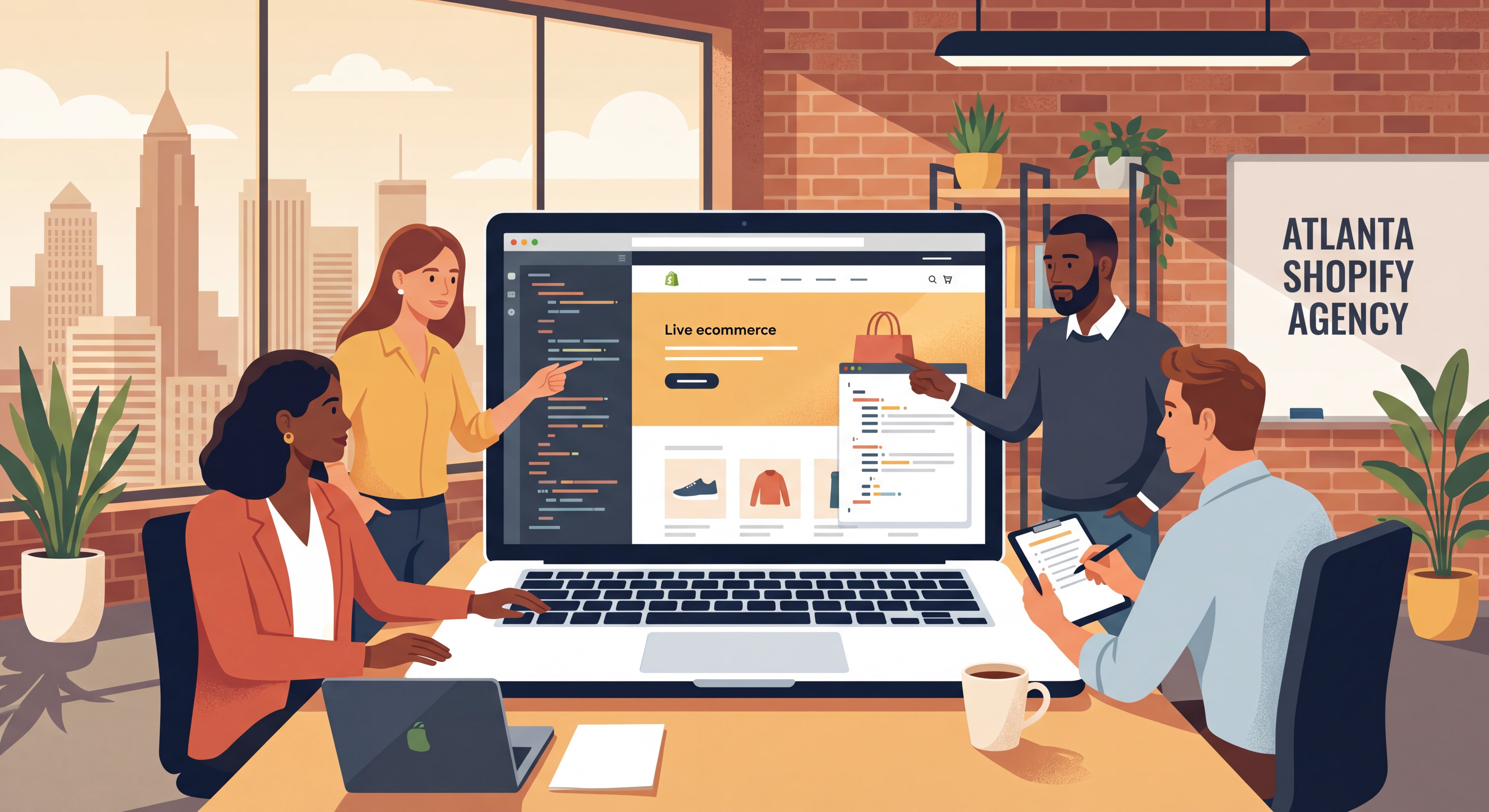 Atlanta Shopify developer agency team reviewing ecommerce website development project on laptop