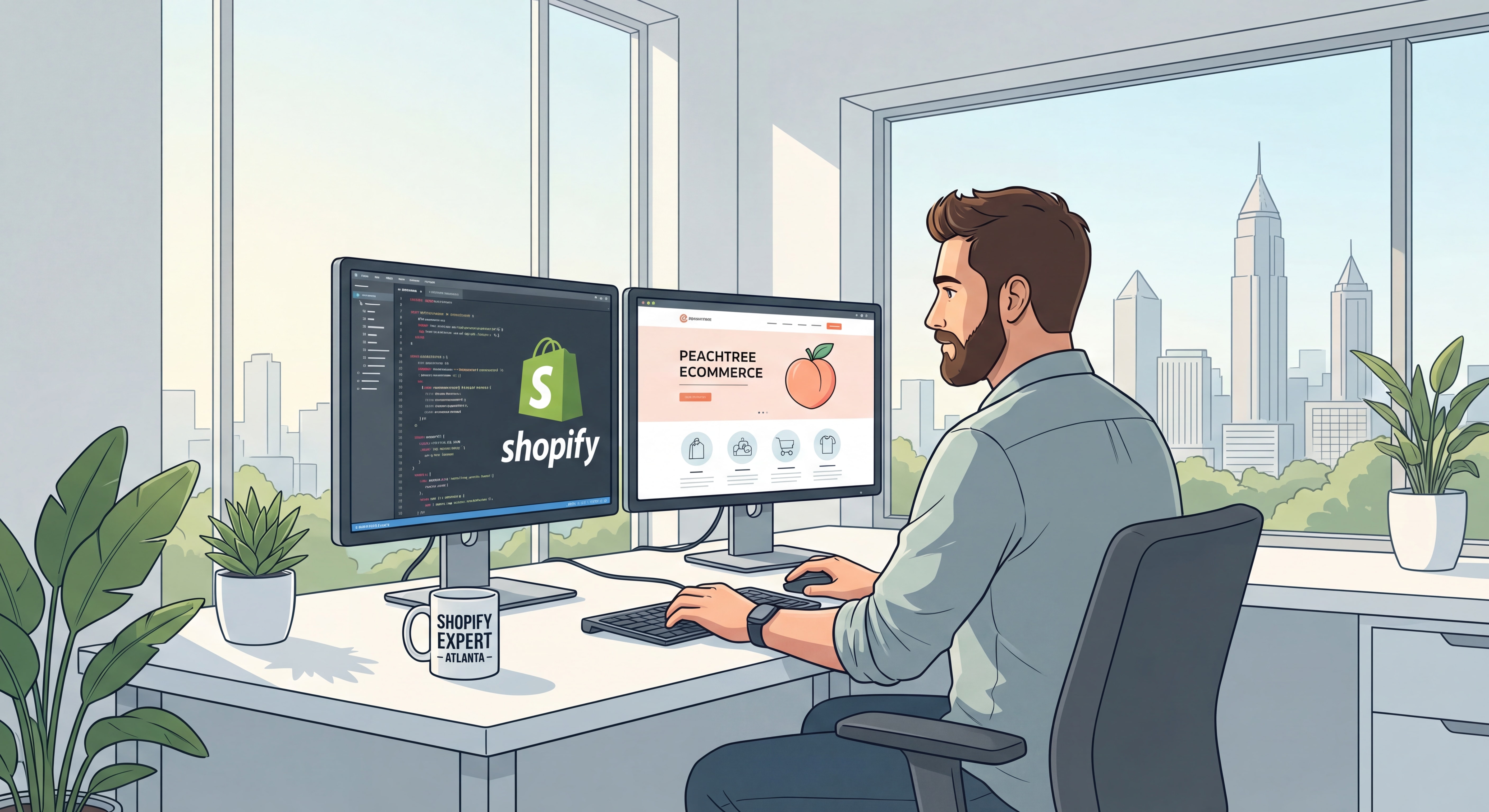 Shopify developer Atlanta working on ecommerce web design on dual monitors in modern office