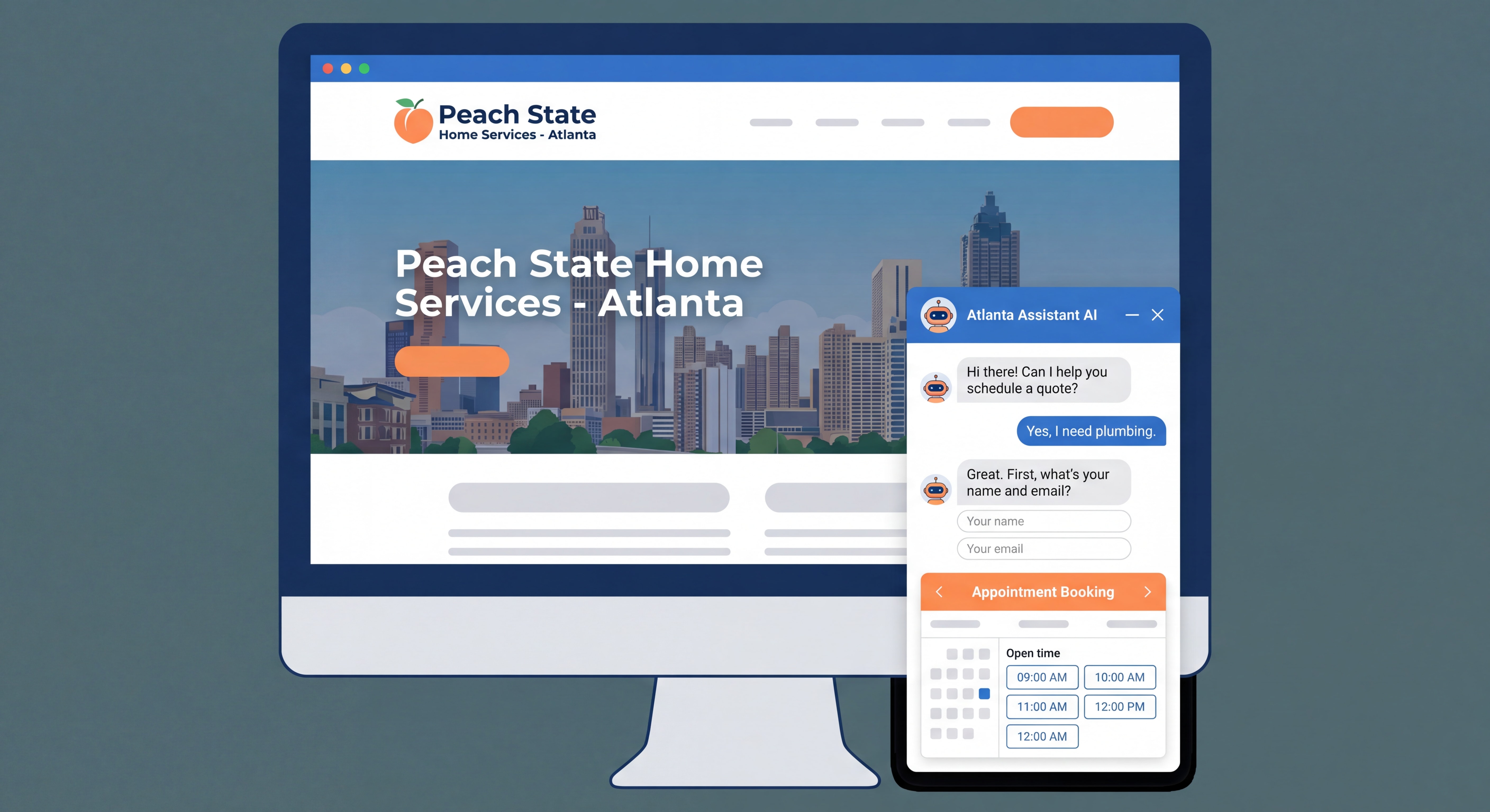 AI chatbot interface integrated into an Atlanta small business website showing lead capture and appointment booking flow