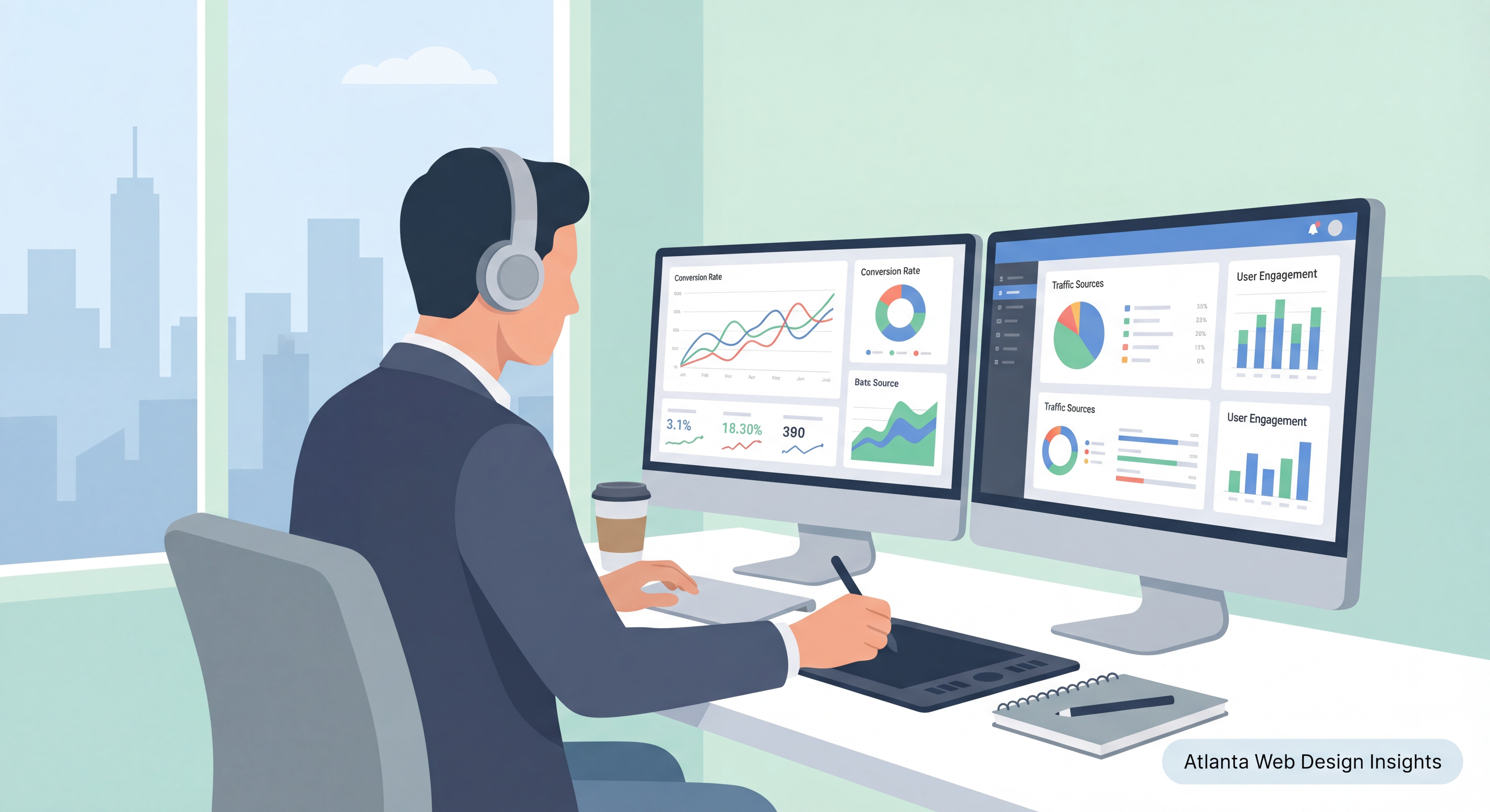 Atlanta web design expert reviewing performance metrics and conversion data on a dual-monitor setup