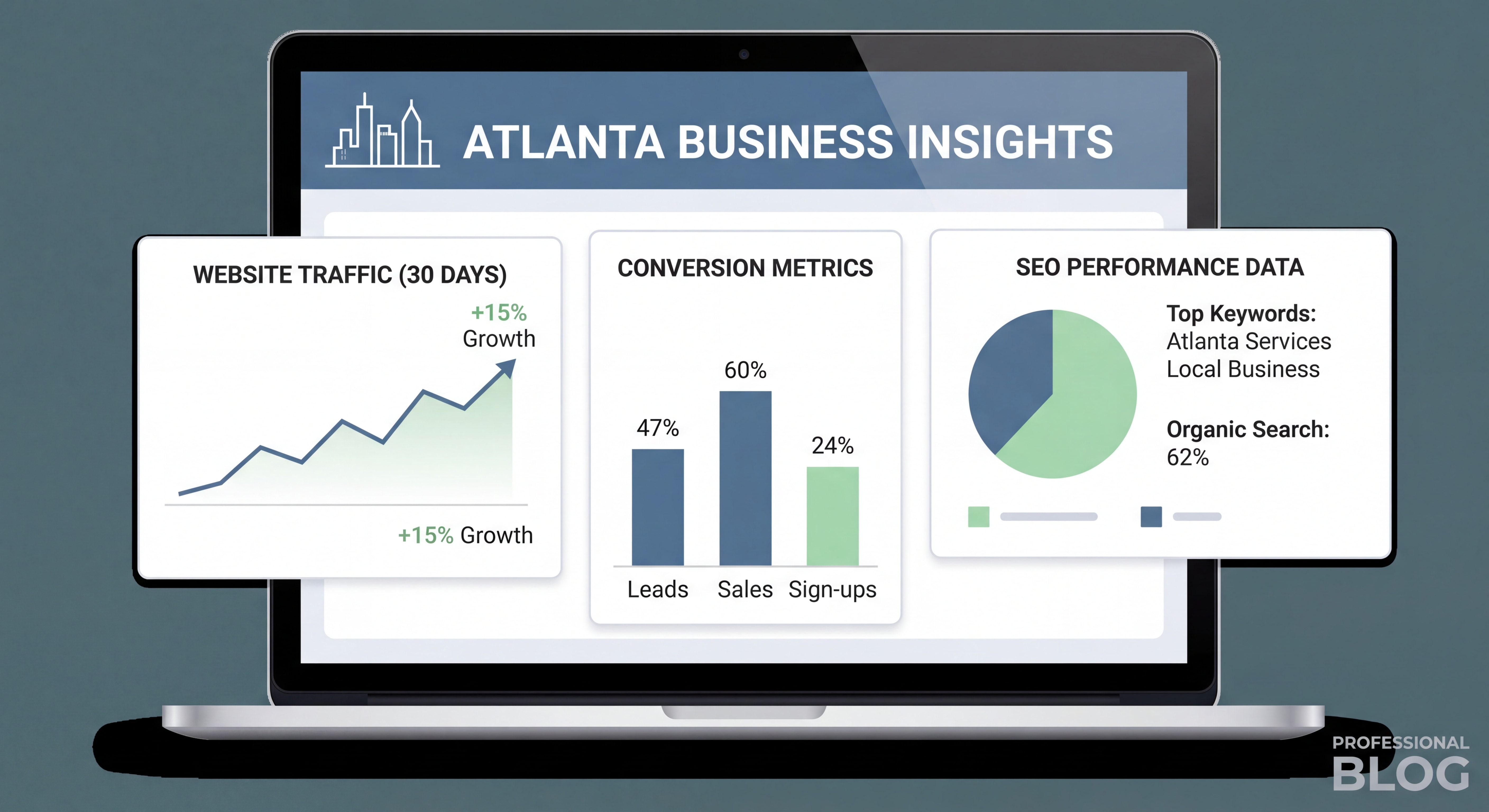 Clean, modern web design dashboard showing Atlanta business website analytics, conversion metrics, and SEO performance data