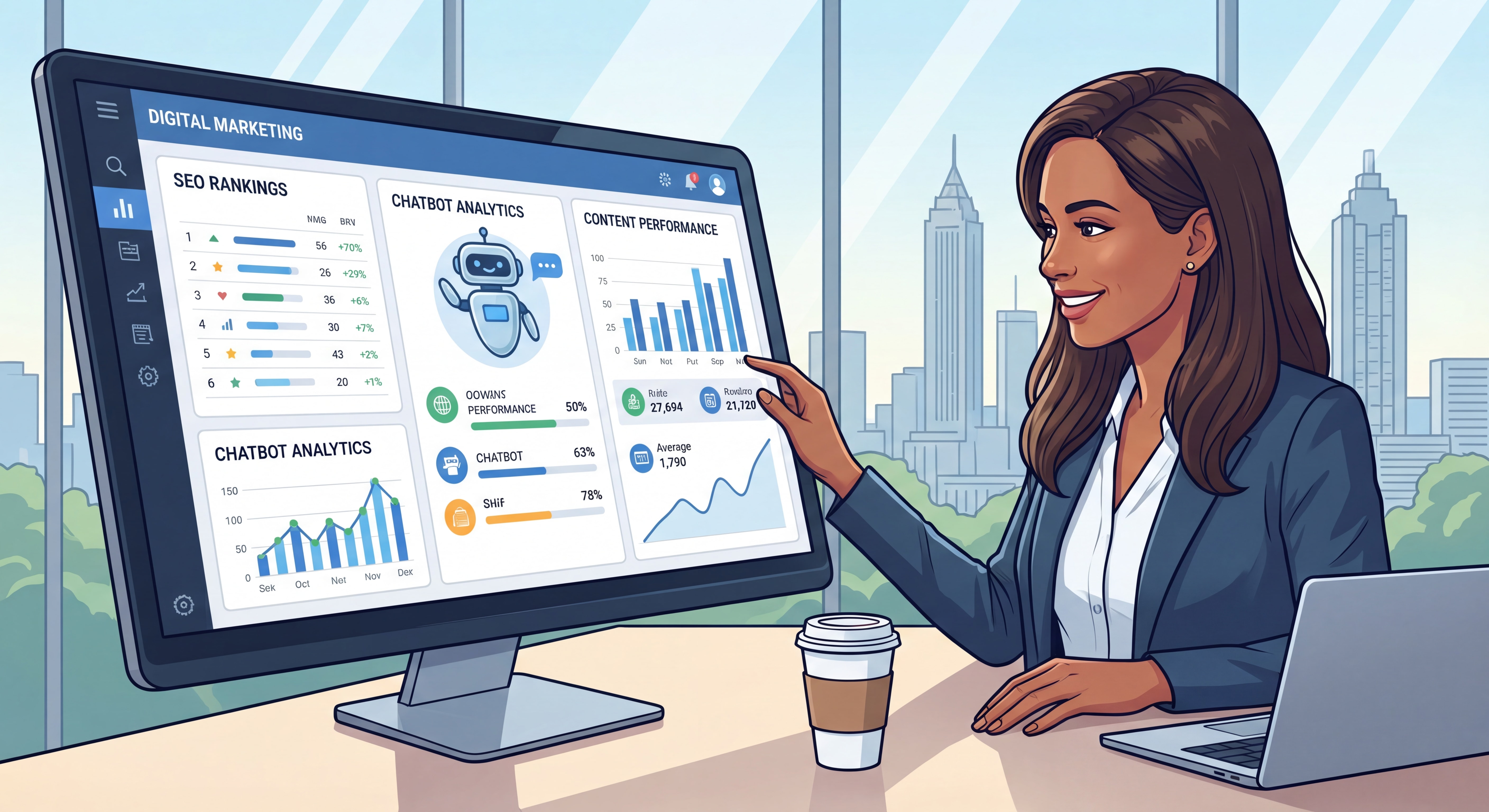 Atlanta business owner reviewing integrated digital marketing strategy dashboard with SEO rankings, chatbot analytics, and content performance metrics