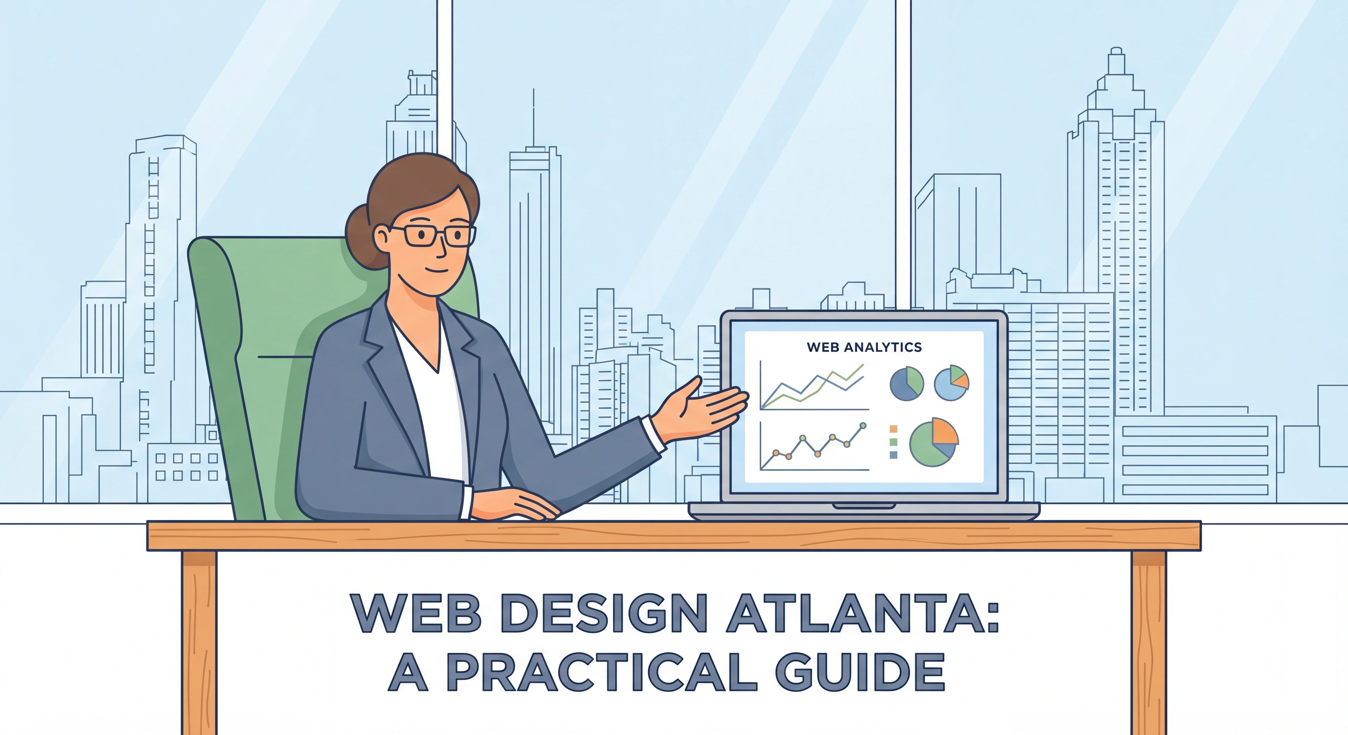 Atlanta business owner reviewing website analytics on laptop with city skyline visible through office window — web design Atlanta practical guide