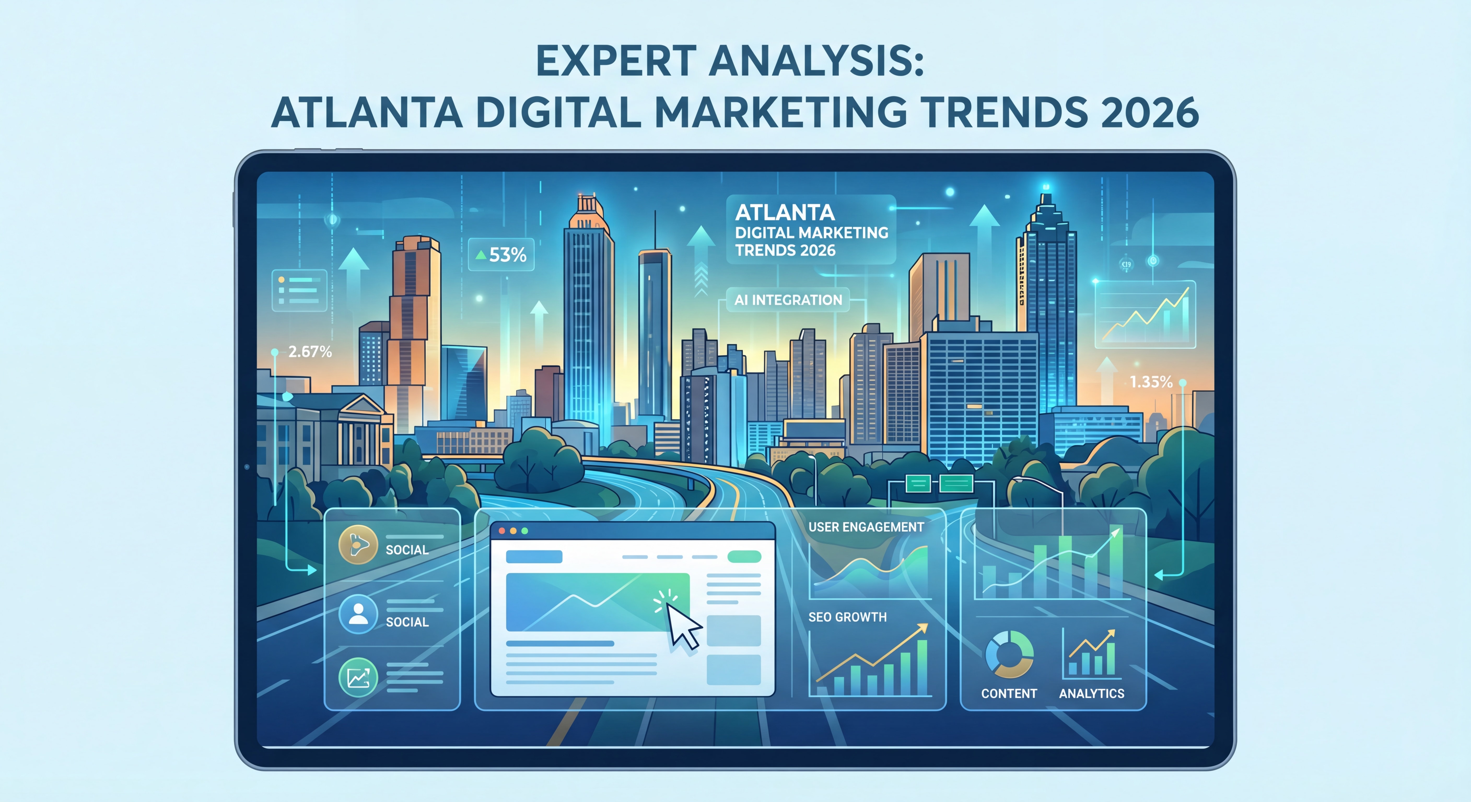 Expert analysis of Atlanta digital marketing trends 2026 — cityscape with data overlays and web design dashboard