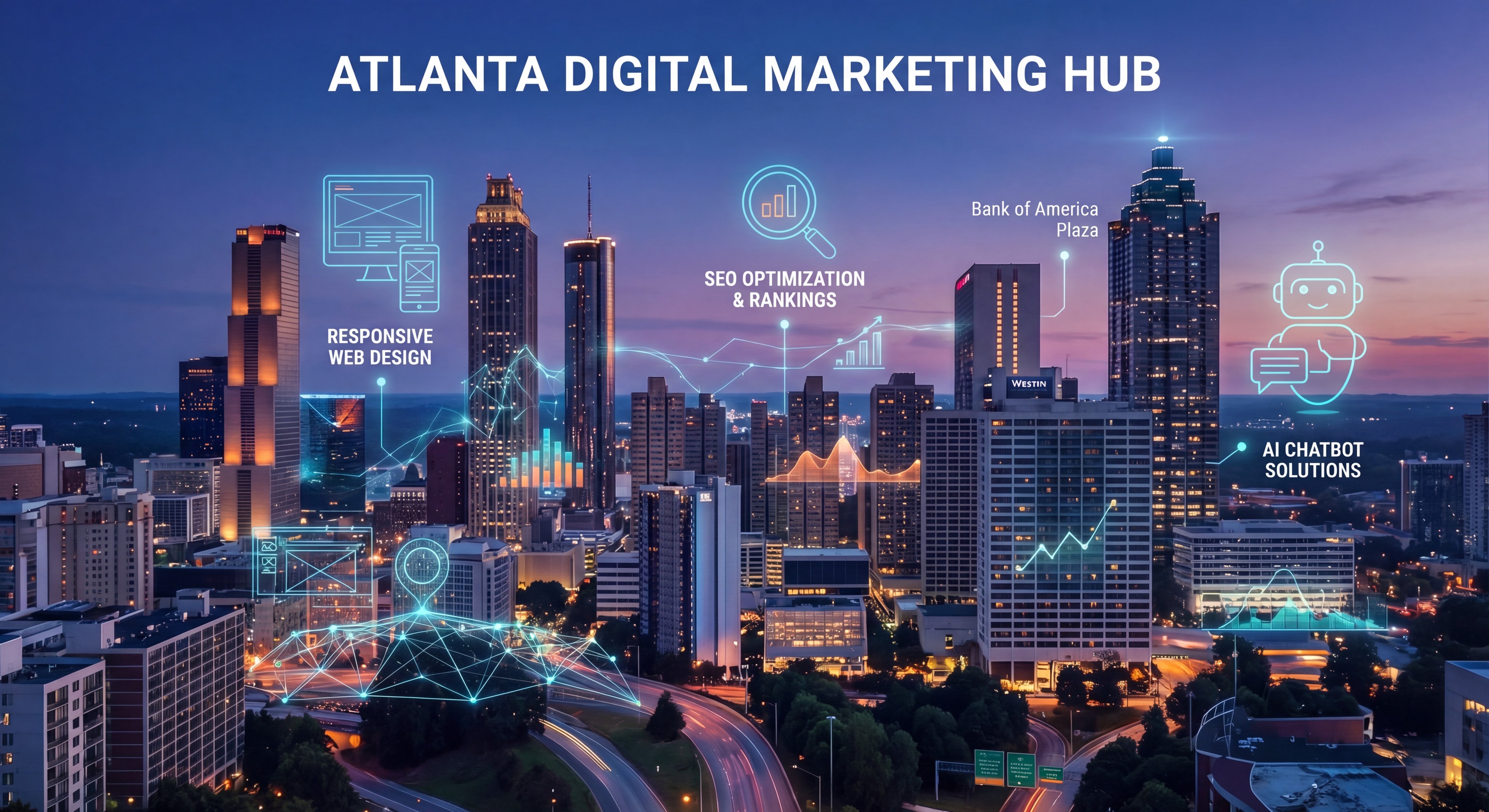 Atlanta skyline at dusk with digital marketing data overlays representing web design, SEO, and AI chatbot technology in Atlanta, Georgia