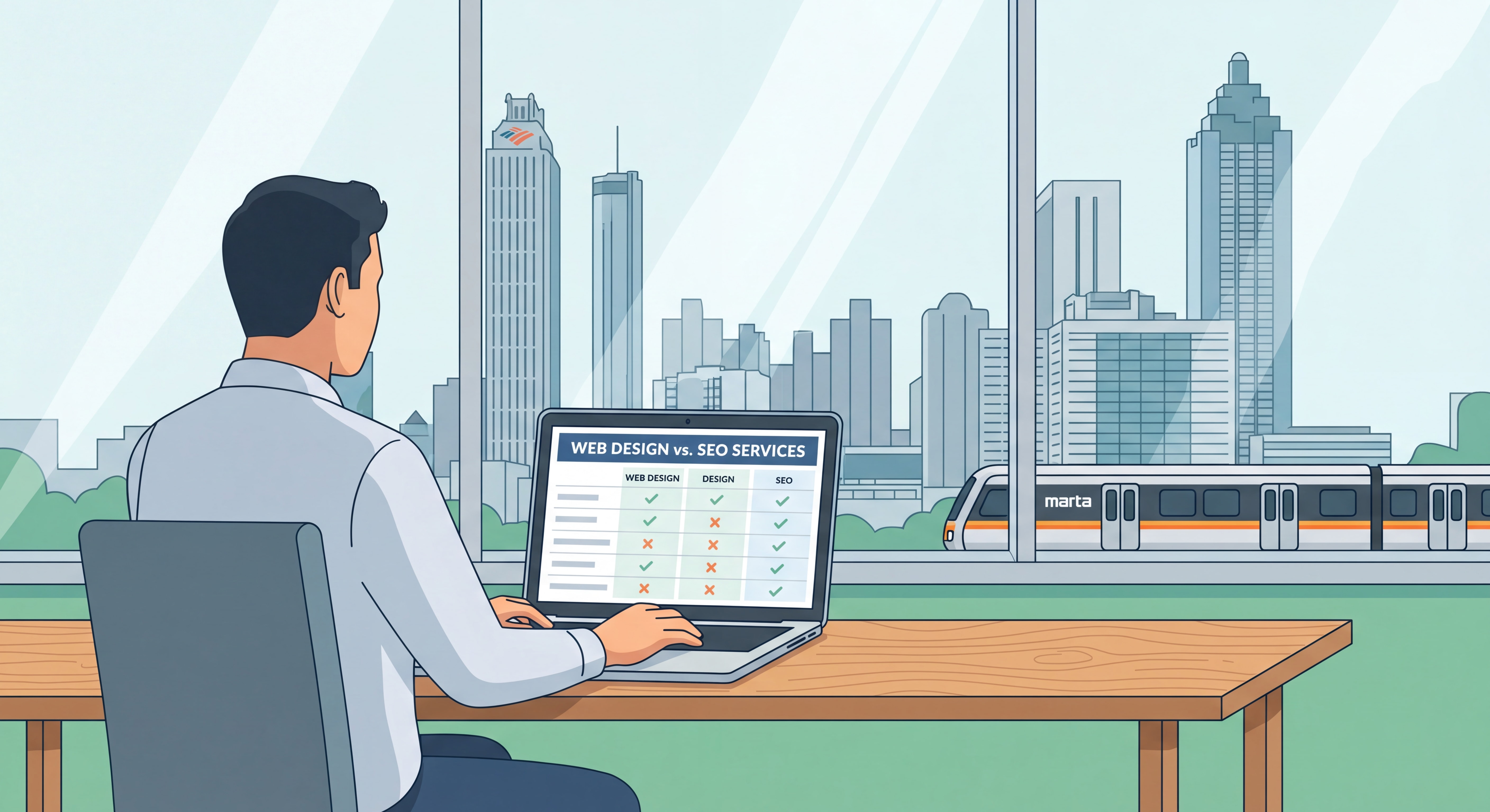 Atlanta business owner comparing web design and SEO service options on a laptop with the Atlanta skyline in the background