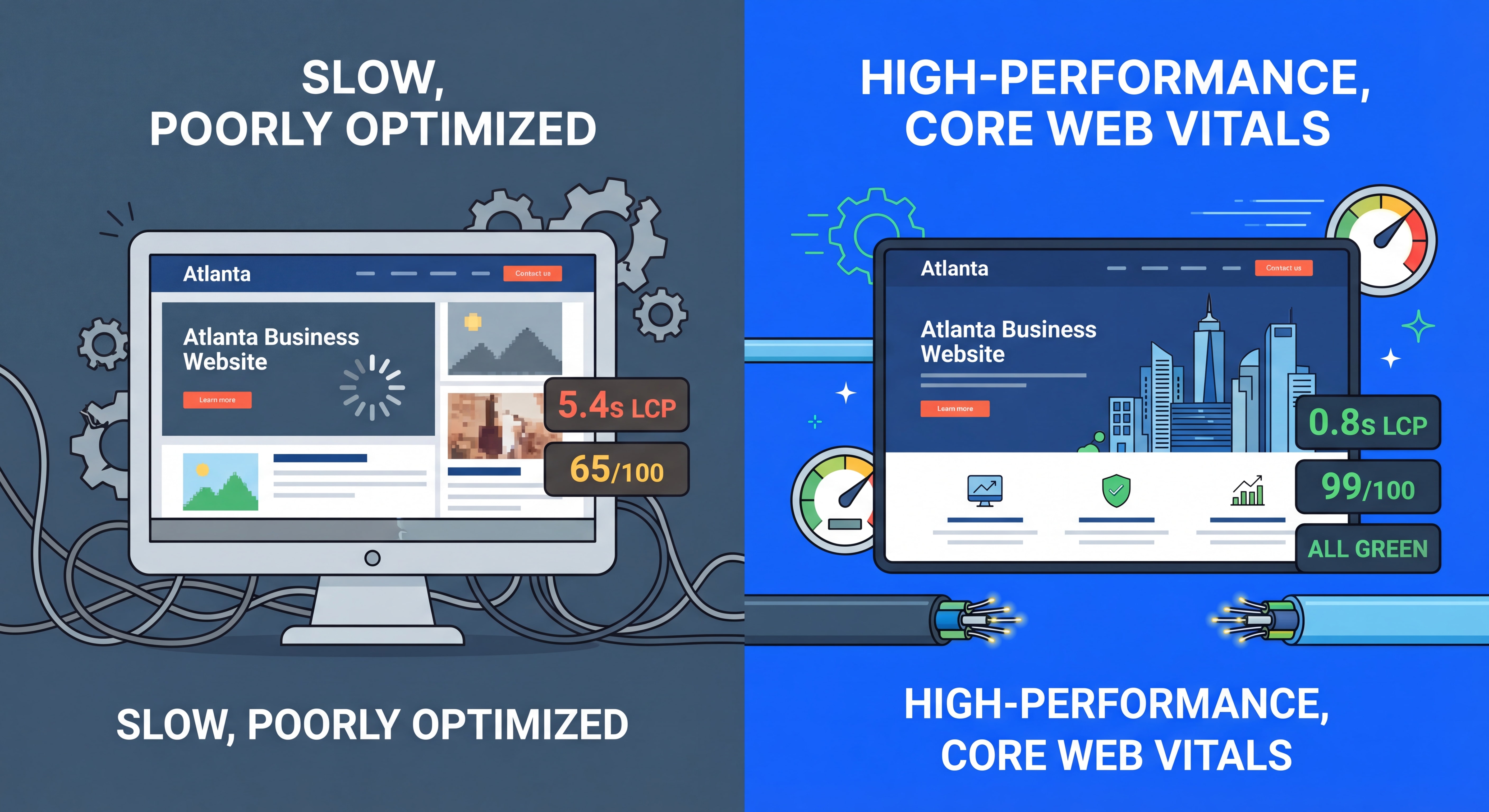 Split comparison showing a slow, poorly optimized Atlanta business website versus a high-performance site with strong Core Web Vitals scores