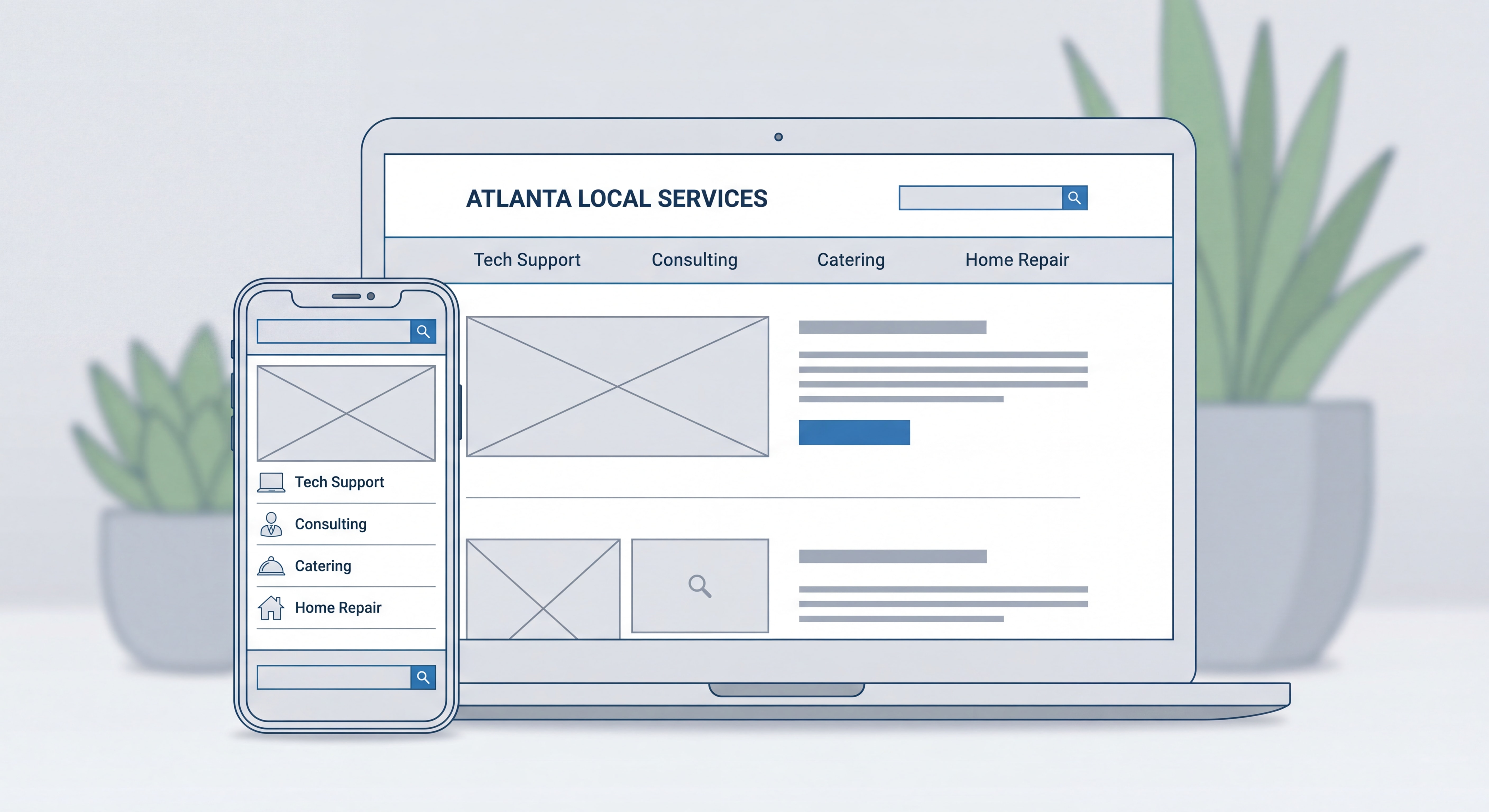 Clean professional website wireframe mockup with Atlanta-focused local business service pages displayed on desktop and mobile screens