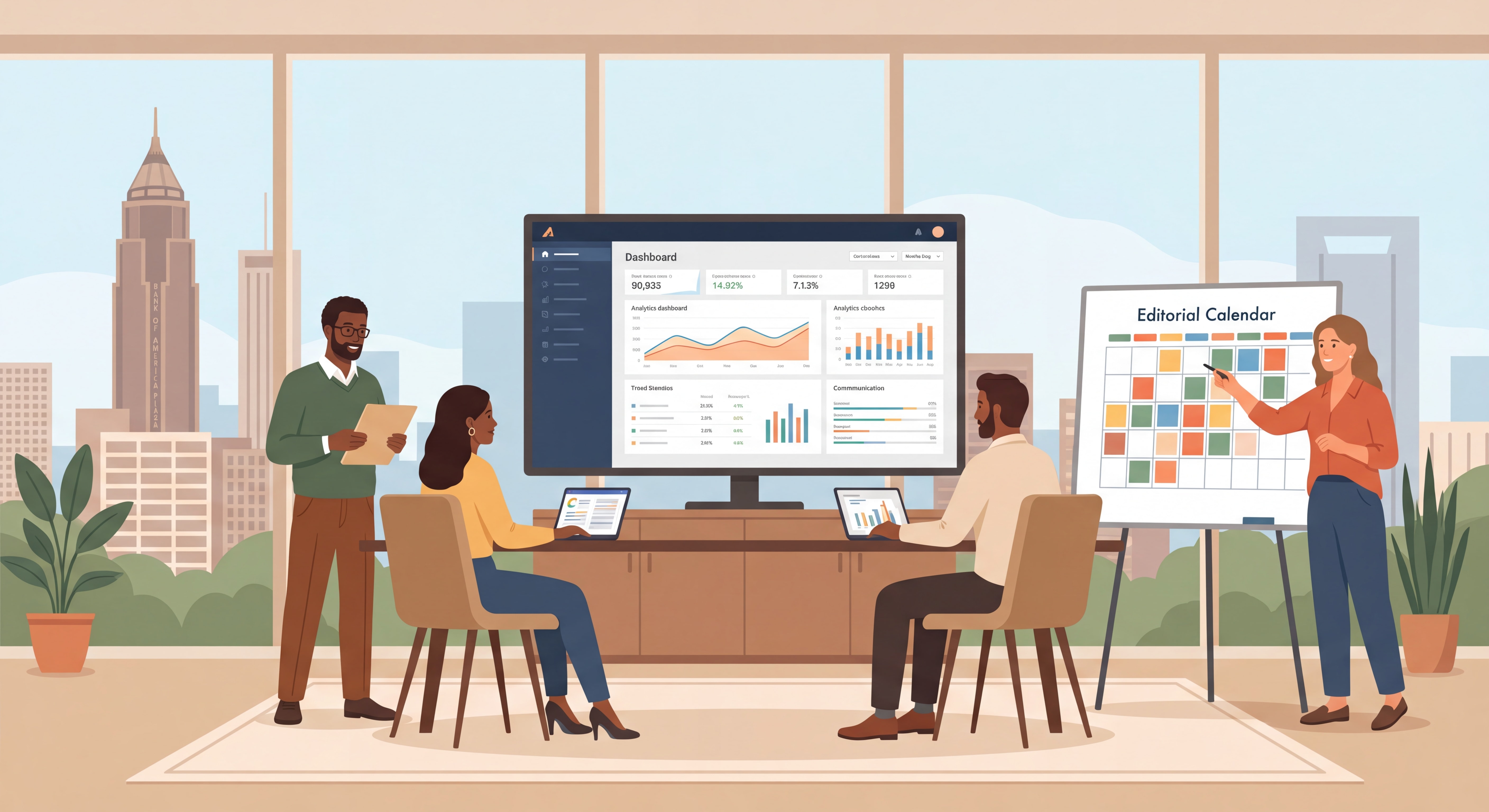 Content marketing strategy session in an Atlanta office with team reviewing analytics dashboard and editorial calendar