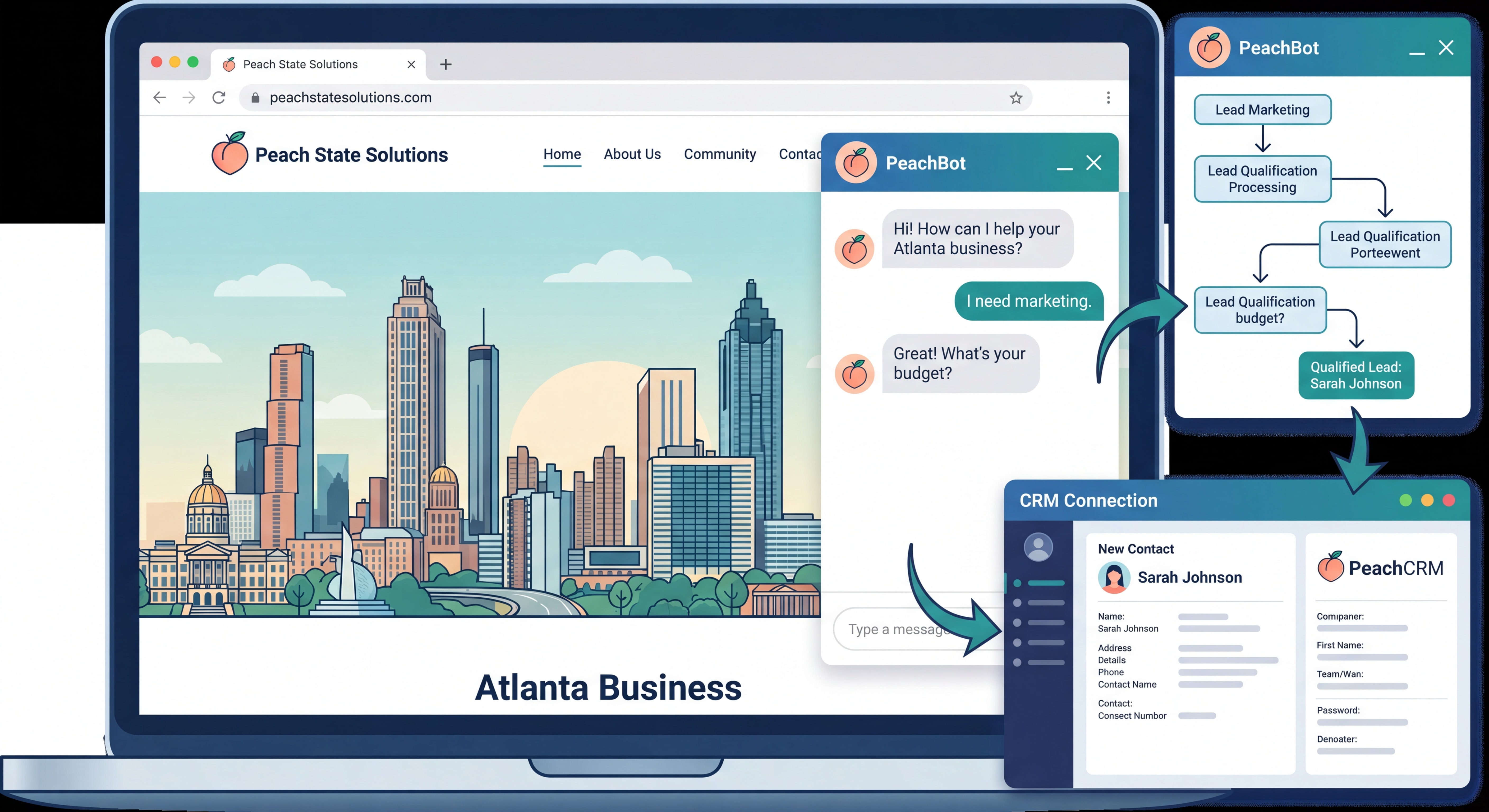 AI chatbot interface integrated into an Atlanta business website showing lead qualification flow and CRM connection dashboard