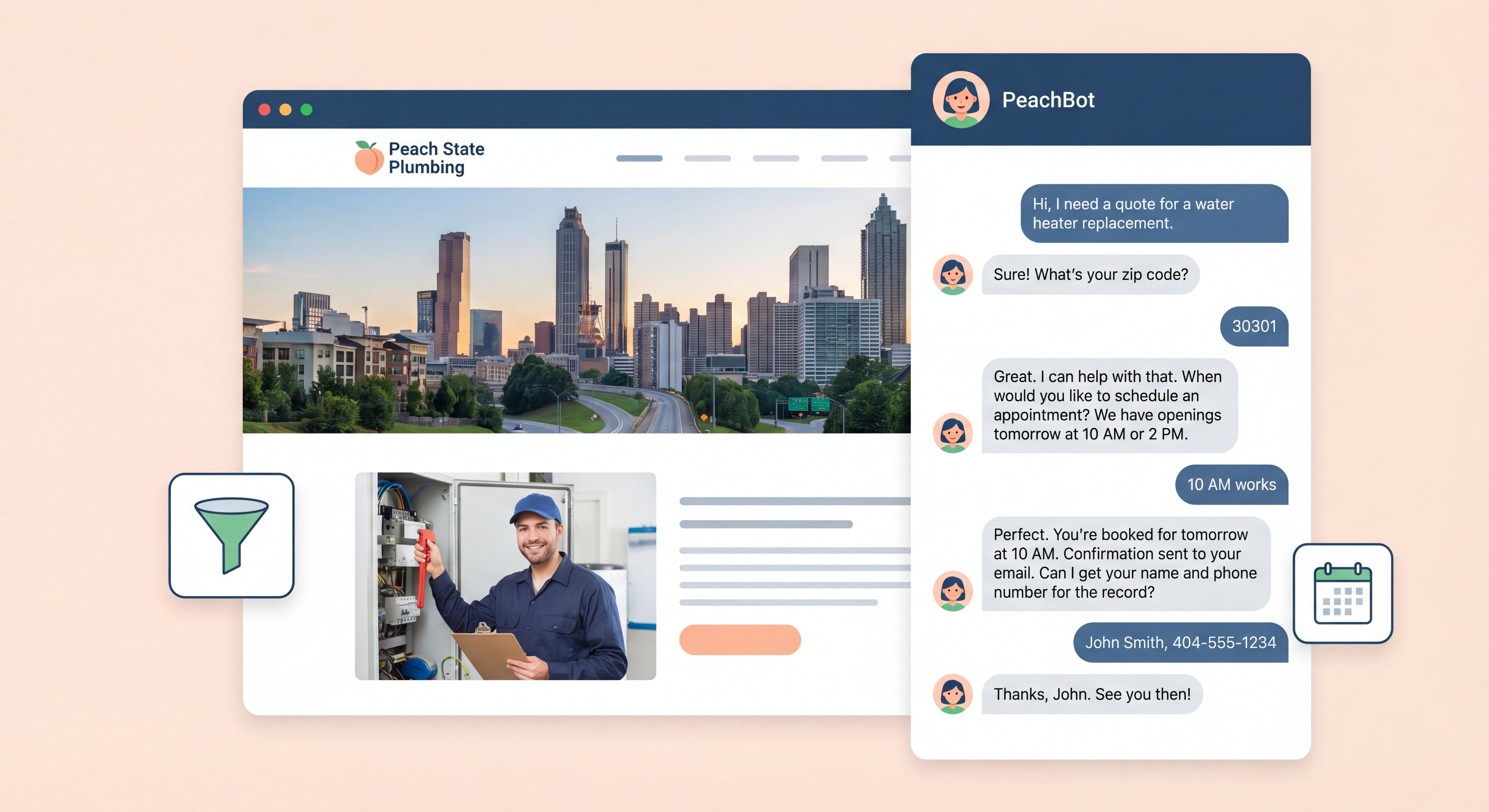 AI chatbot interface on a local Atlanta business website showing automated lead capture and appointment booking conversation