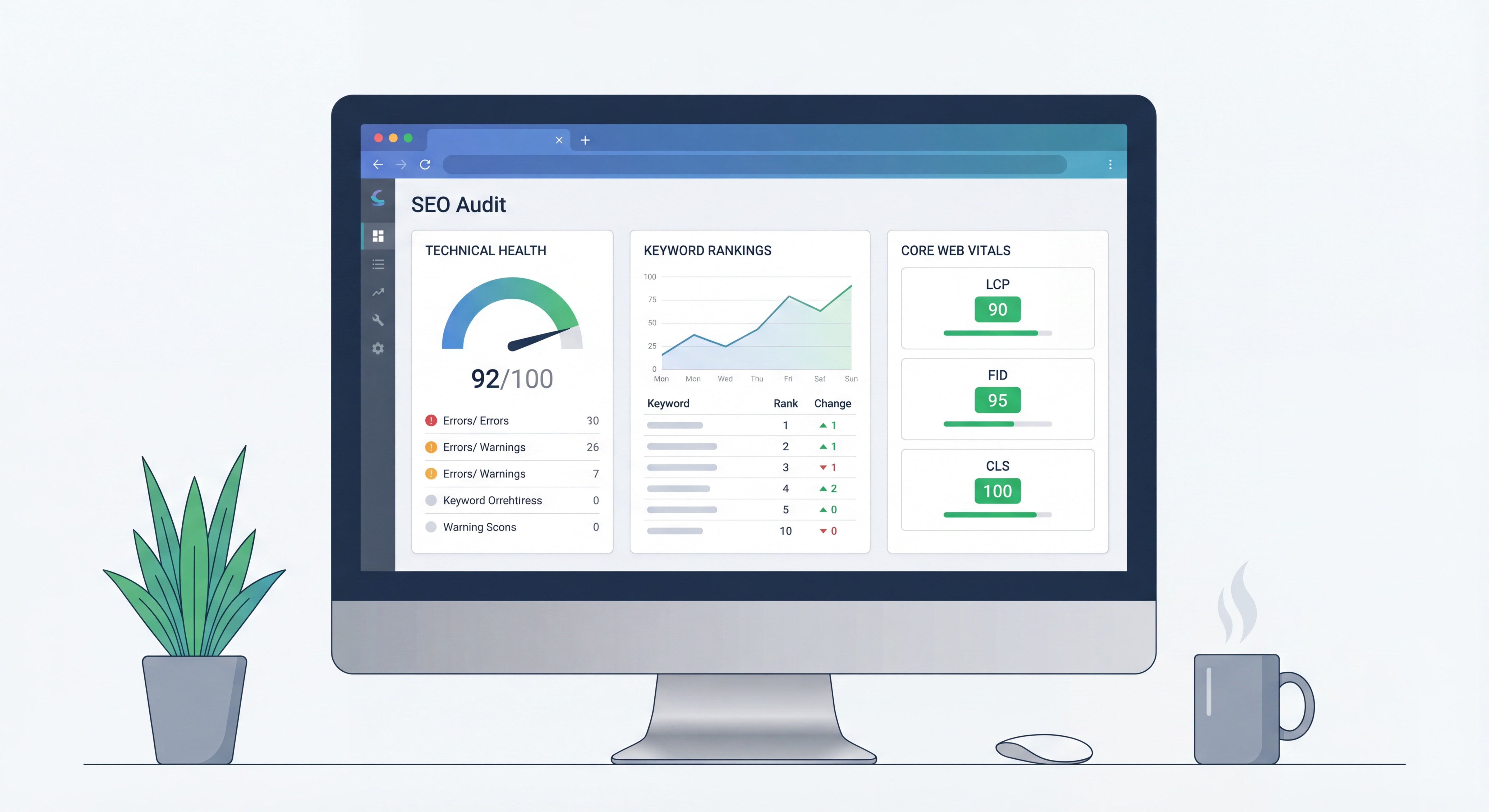SEO audit dashboard showing technical health scores, keyword rankings, and Core Web Vitals metrics on a computer screen