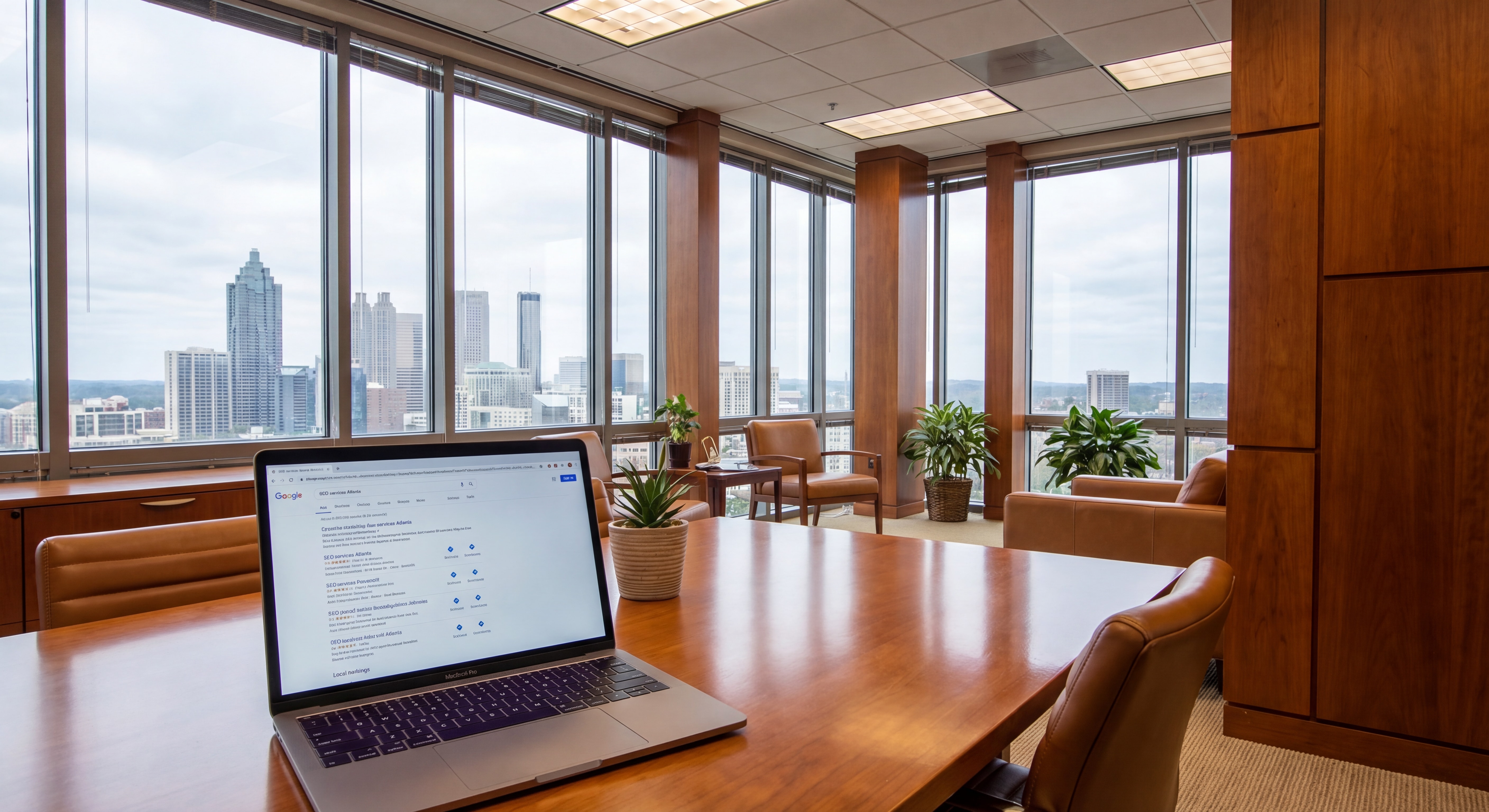 Professional law office interior in Buckhead Atlanta with laptop showing Google search rankings for SEO services Atlanta