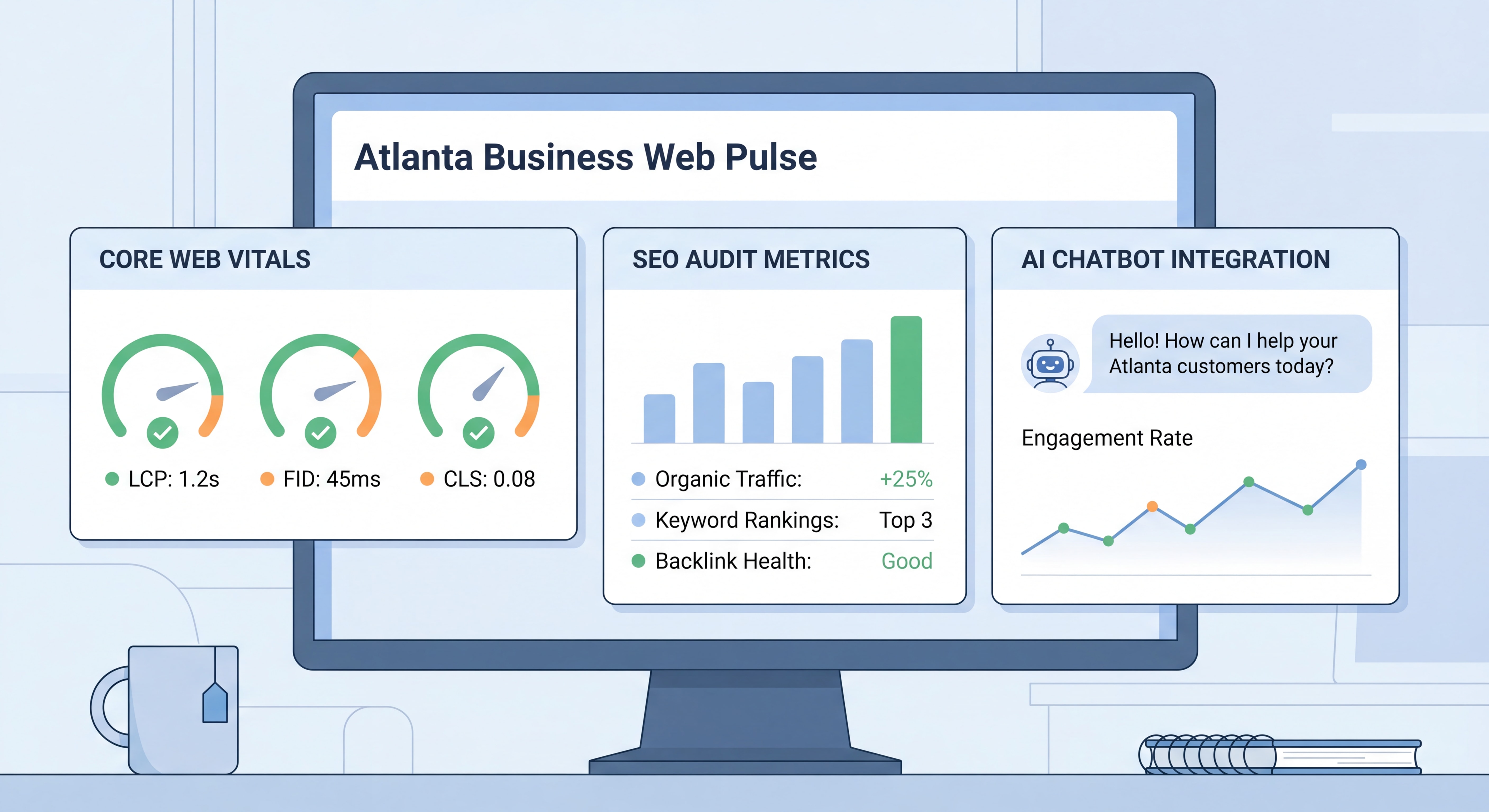 Advanced web design Atlanta dashboard showing Core Web Vitals, SEO audit metrics, and AI chatbot integration for Atlanta businesses