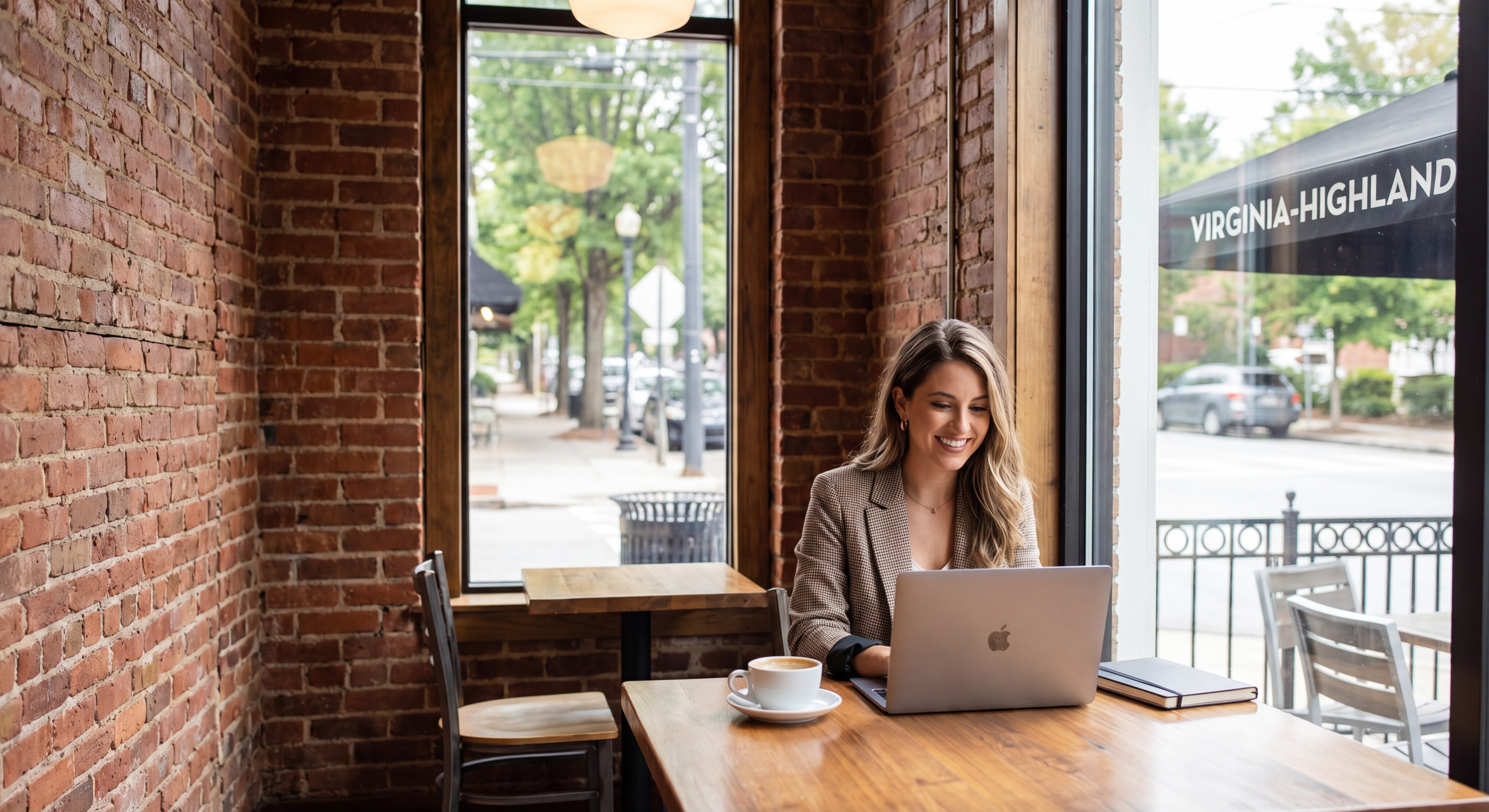 Atlanta small business owner writing content on laptop at a coffee shop in Virginia-Highland neighborhood