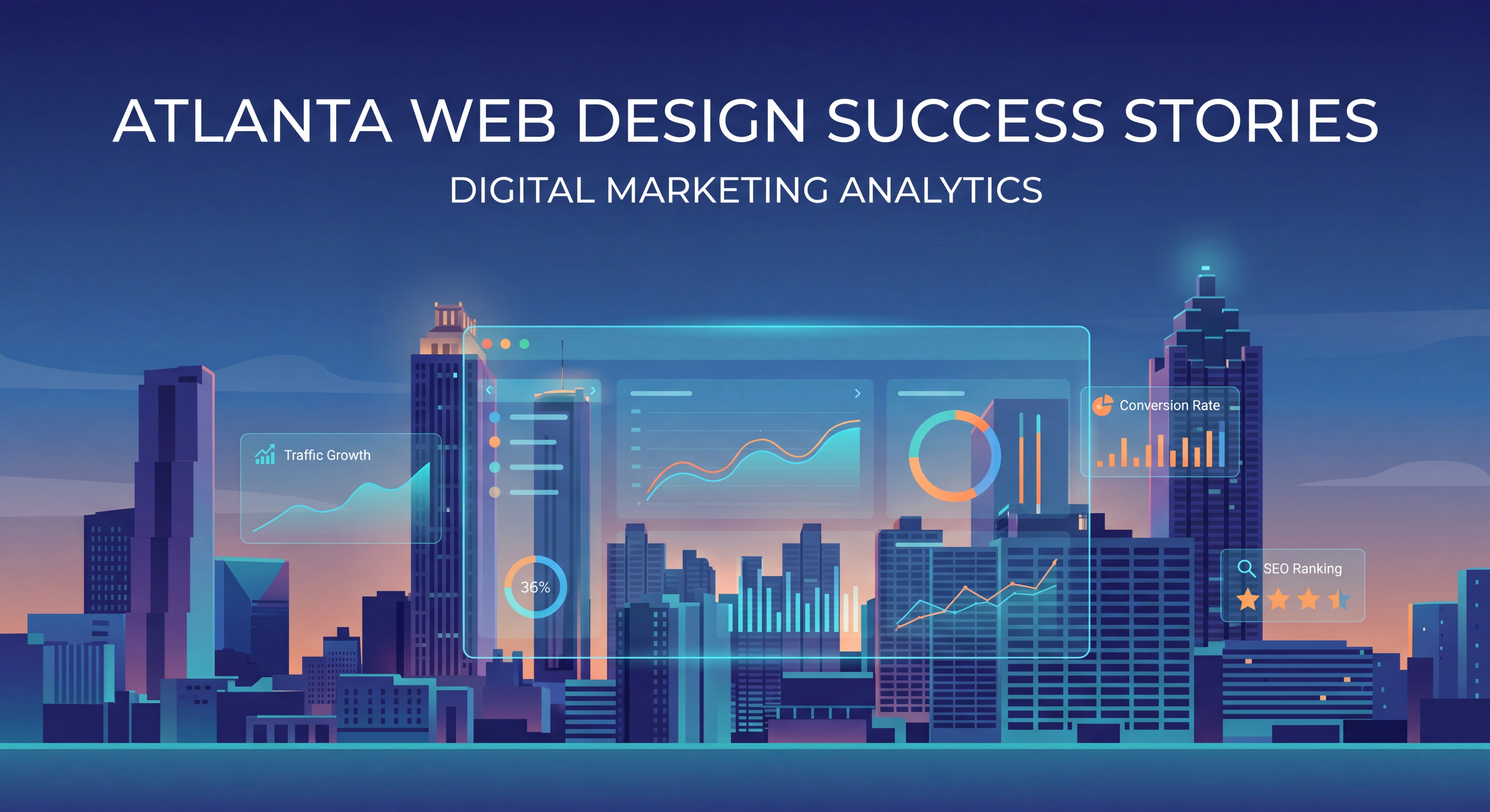 Atlanta skyline with digital marketing analytics dashboard overlay, representing web design Atlanta success stories