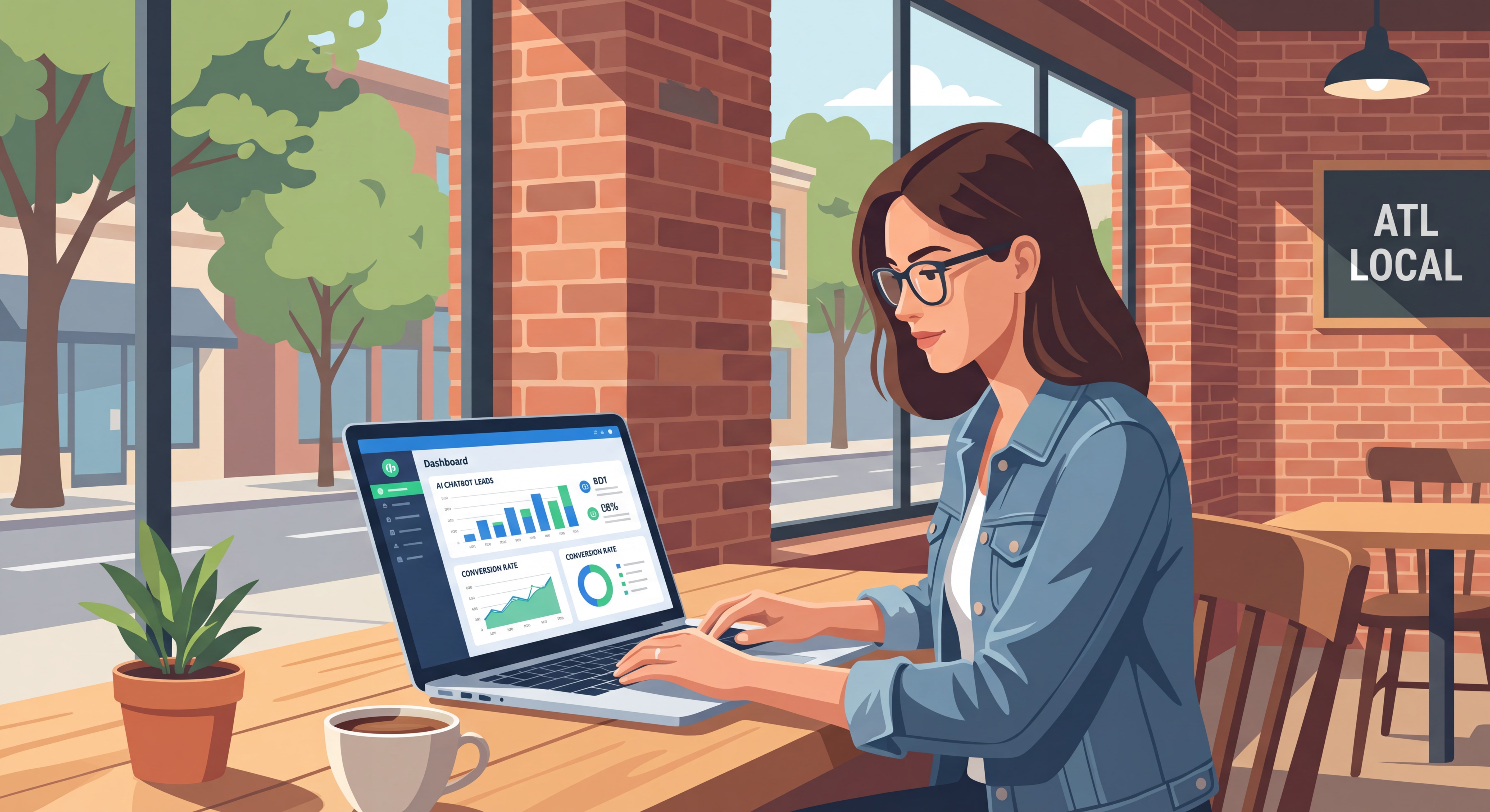 Small Atlanta retail business owner reviewing AI chatbot analytics dashboard on laptop showing lead generation and conversion data