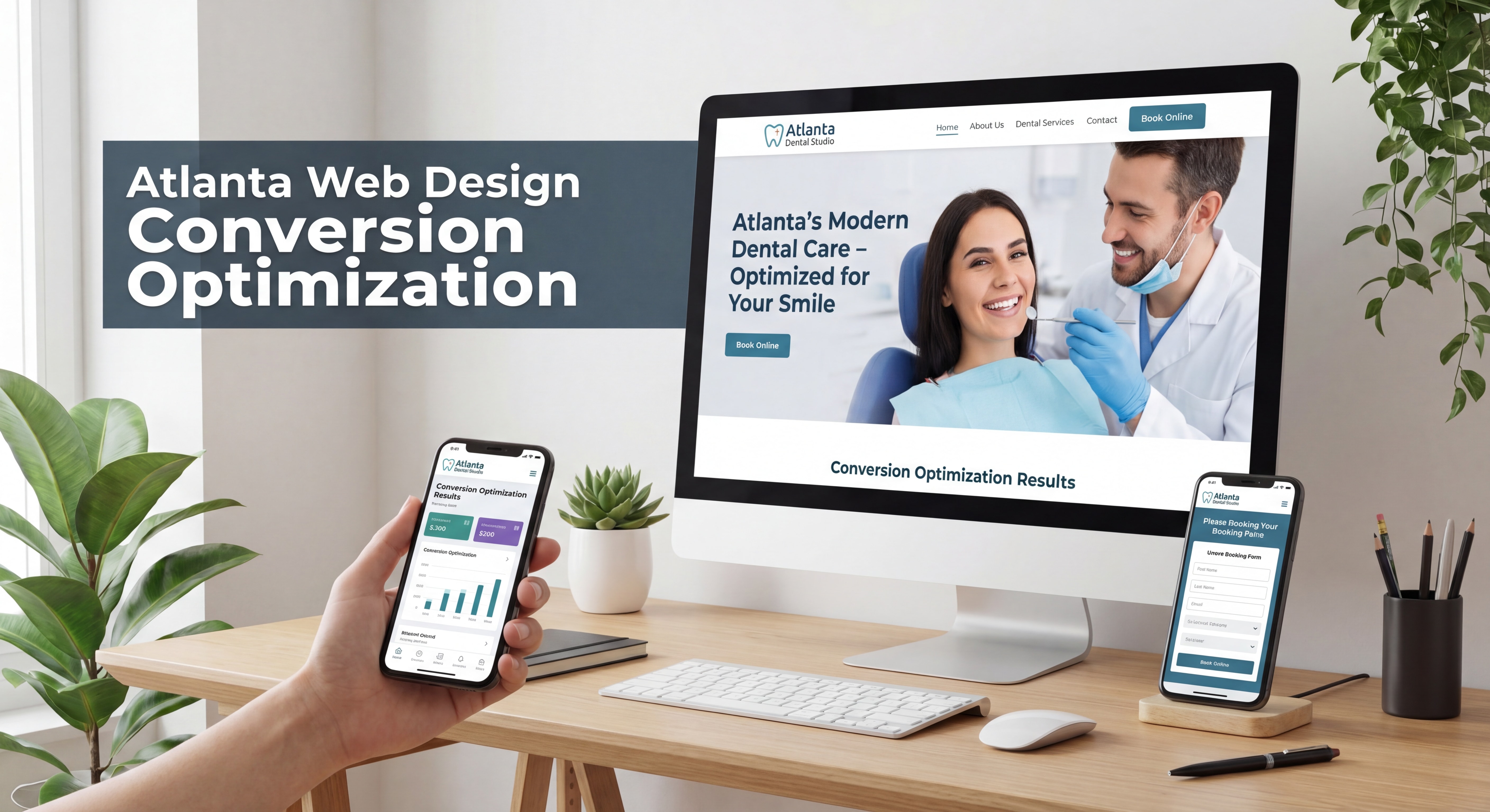 Modern dental practice website design mockup on desktop and mobile devices showing Atlanta web design conversion optimization