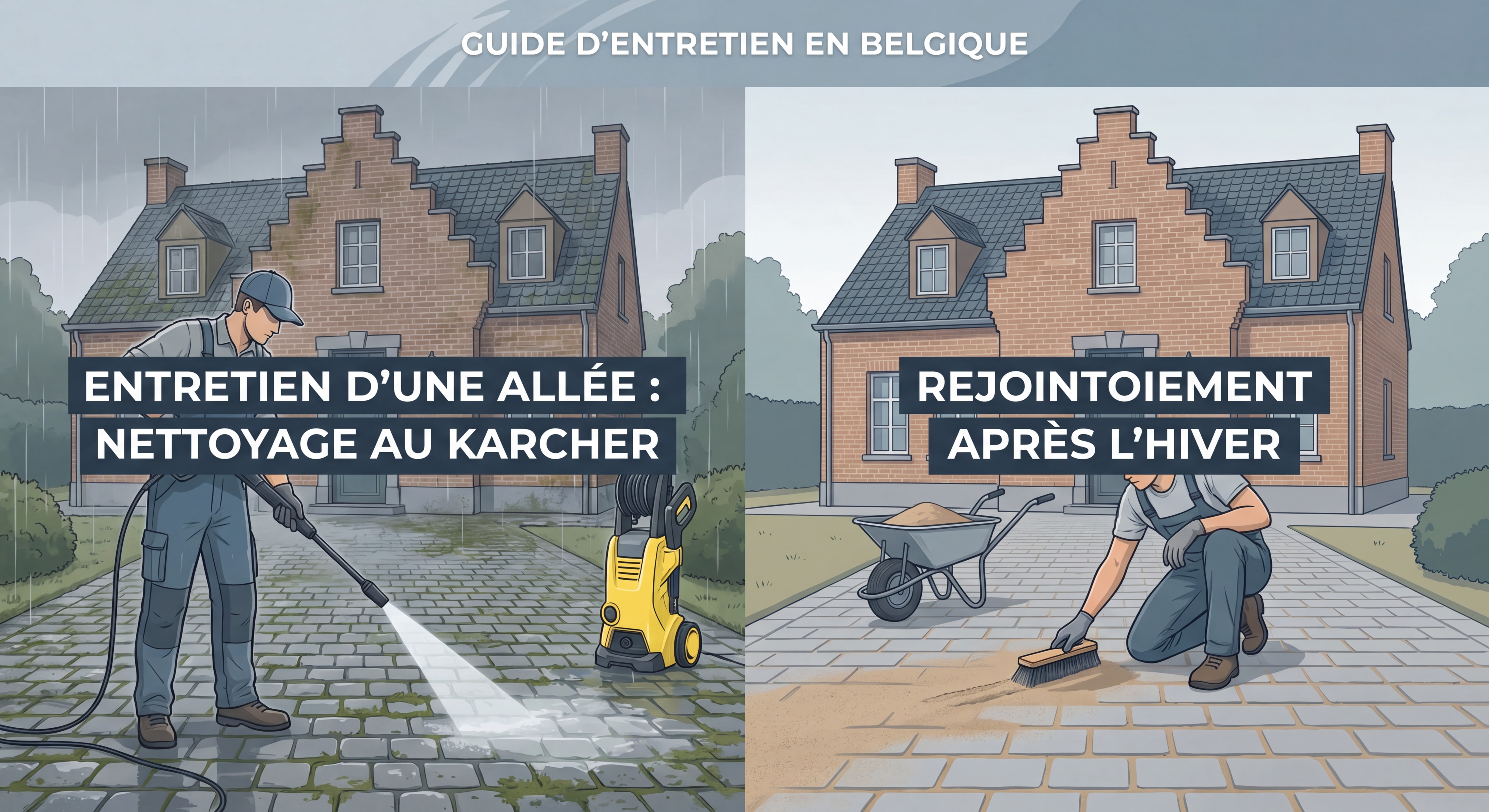 Entretien d'une allée en pavés en Belgique — nettoyage au karcher et rejointoiement après l'hiver