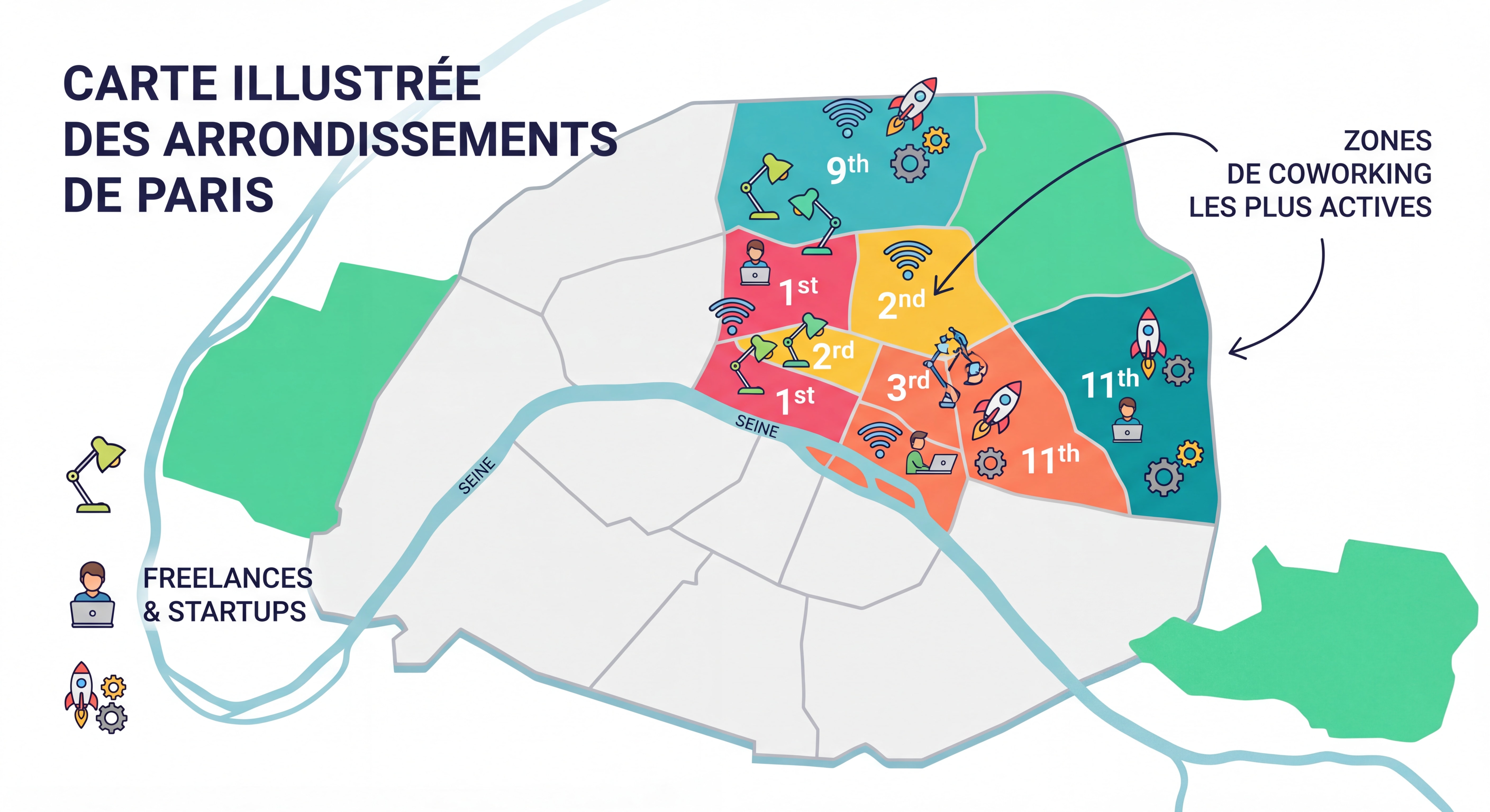 Coworking Paris : Le guide complet pour trouver votre espace de travail idéal en 2026 Carte illustrée des arrondissements de Paris avec les zones de coworking les plus actives, freelances et startups